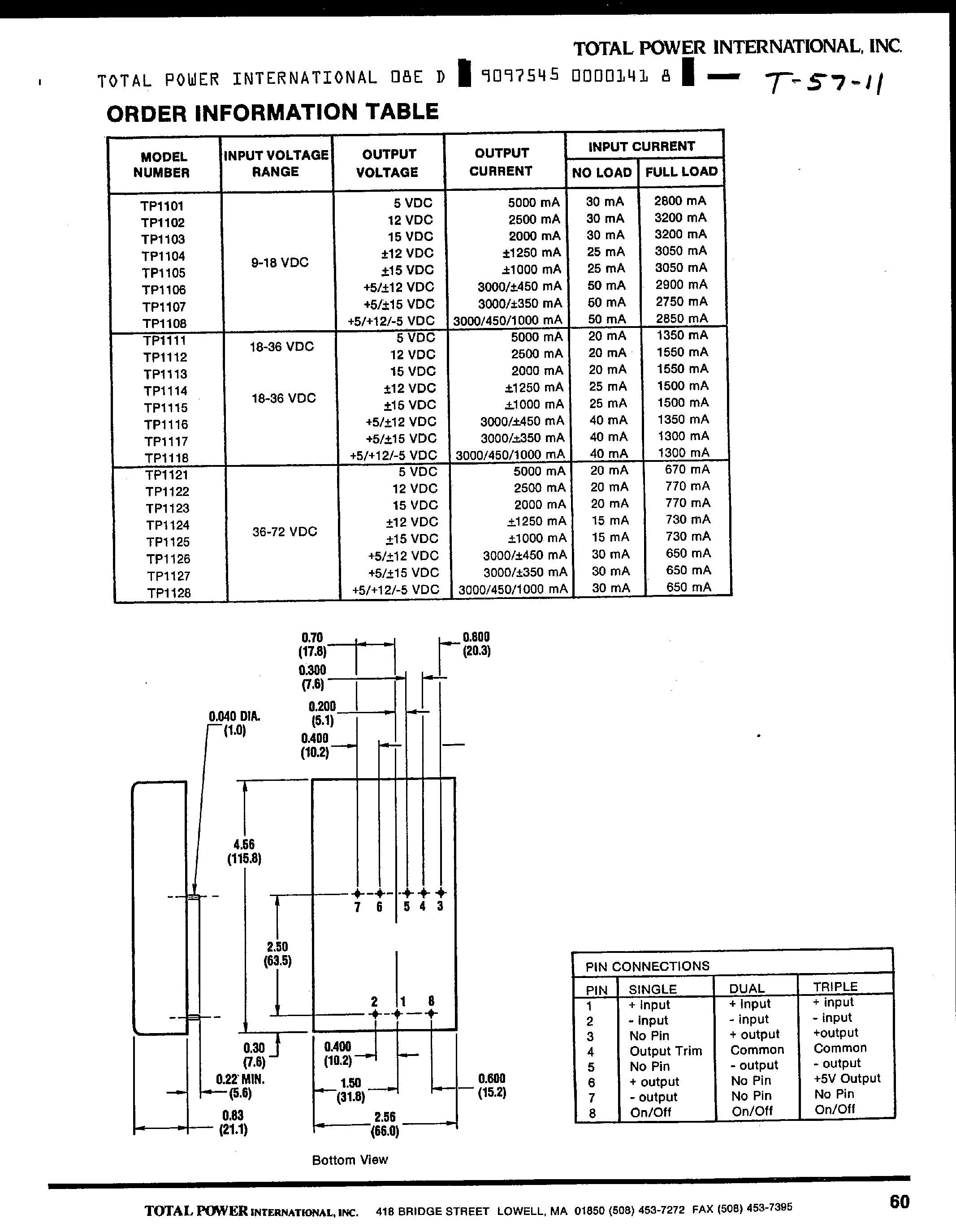 Datasheet TP1101 - (TP1101 - TP1108) Single/Dual and Triple Output DC-DC Converters page 2