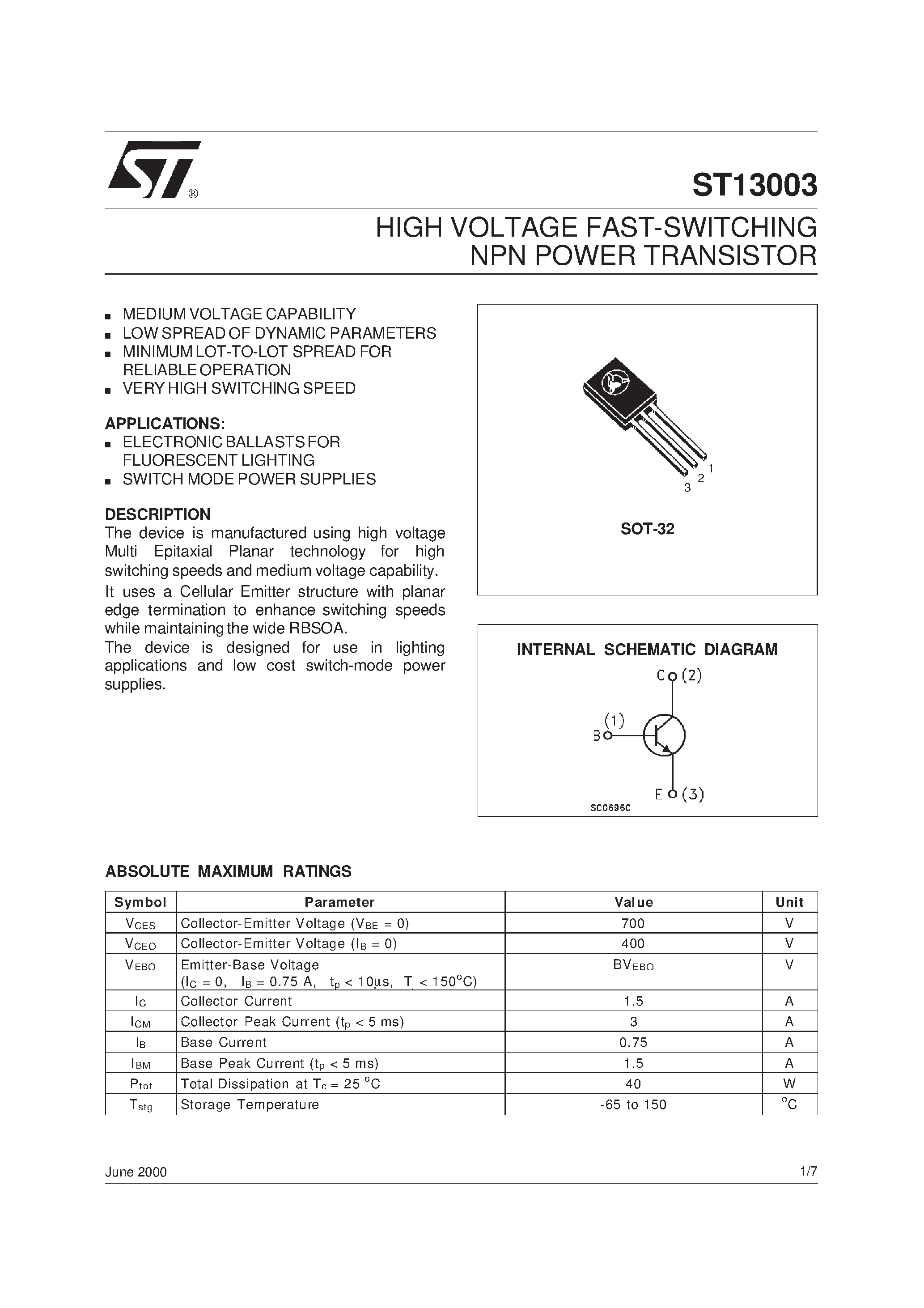 Datasheet ST13003 - HIGH VOLTAGE FAST-SWITCHING NPN POWER TRANSISTOR page 1