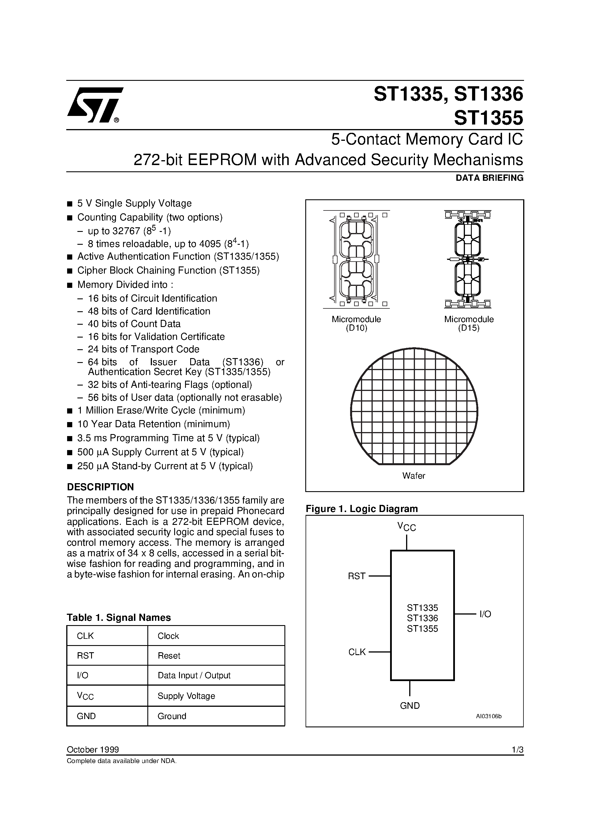 Datasheet ST1335 - (ST1335/13361355) 5-Contact Memory Card IC 272-bit EEPROM with Advanced Security Mechanisms page 1