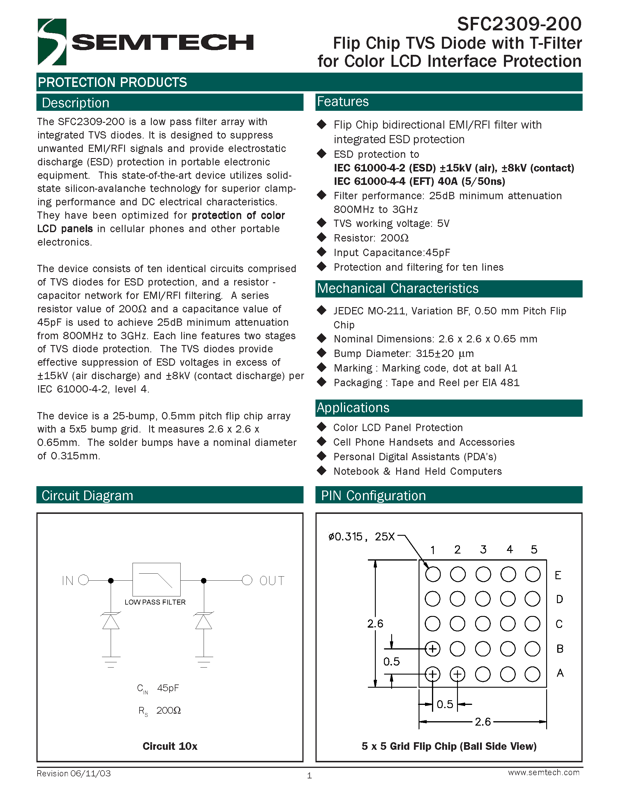 Datasheet SFC2309-200 - Flip Chip TVS Diode with T-Filter for Color LCD Interface Protection page 1