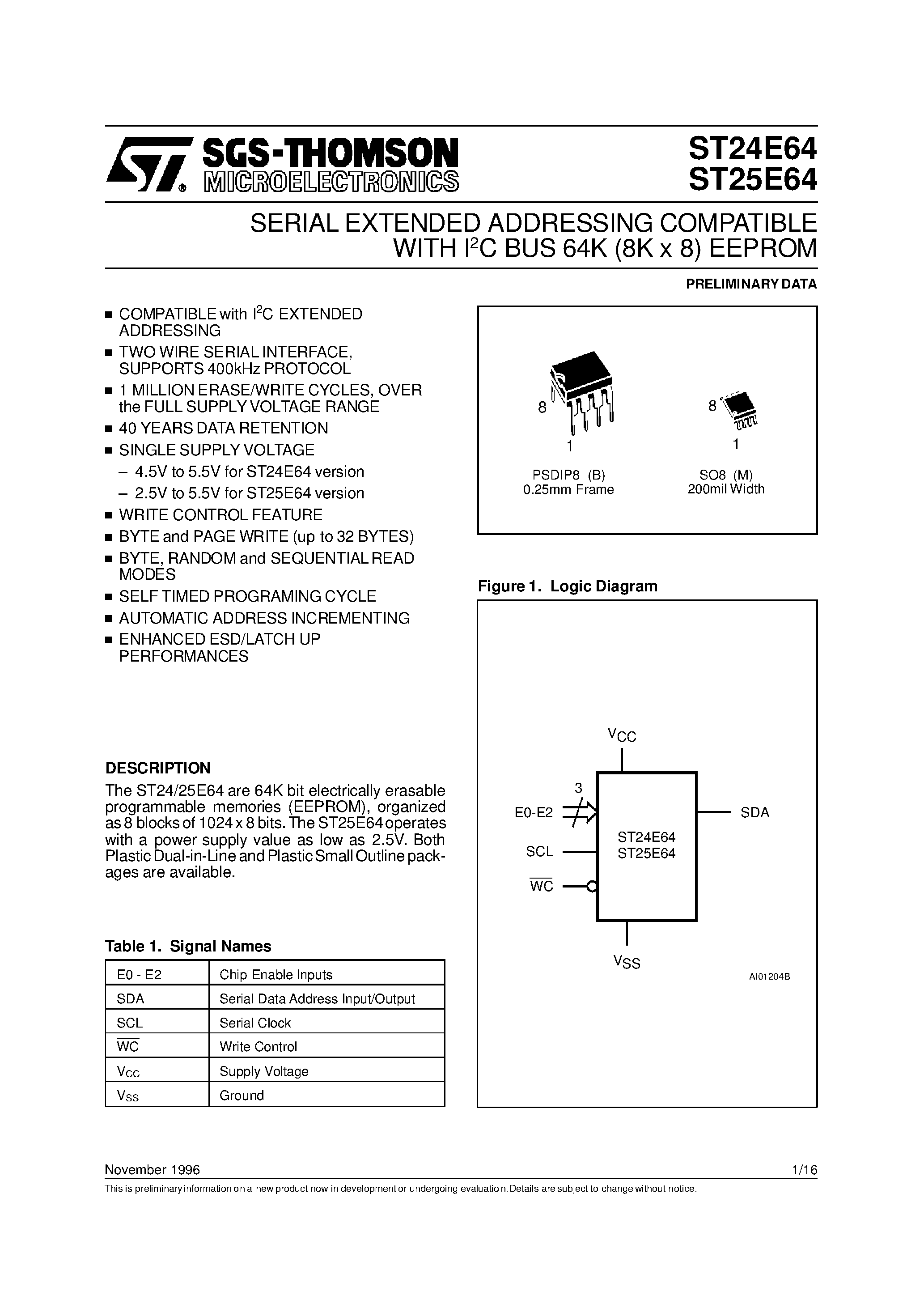 Datasheet ST24E64 - (ST24E64 / ST25E64) SERIAL EXTENDED ADDRESSING COMPATIBLE WITH I2C BUS 64K (8K x 8) EEPROM page 1
