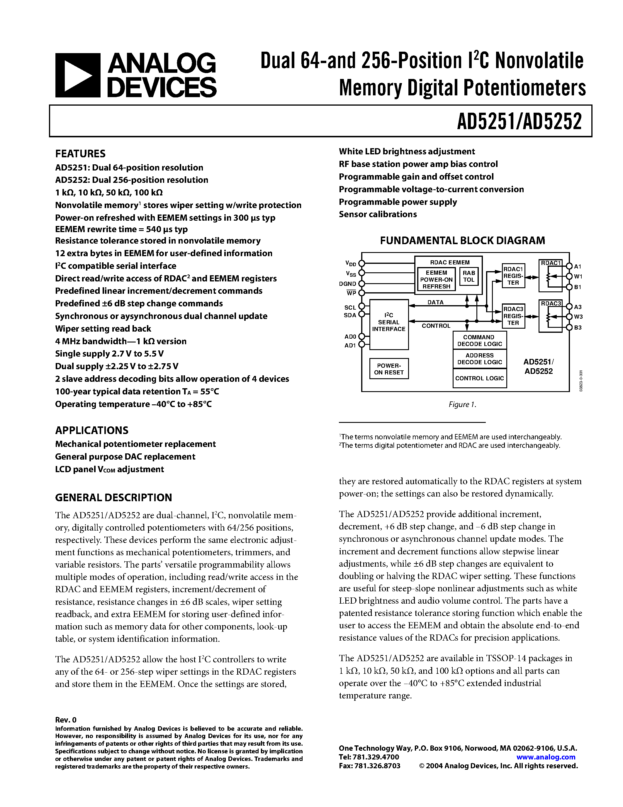 Datasheet AD5251 - (AD5251 / AD5252) Dual 64-and 256-Position I2C Nonvolatile Memory Digital Potentiometers page 1