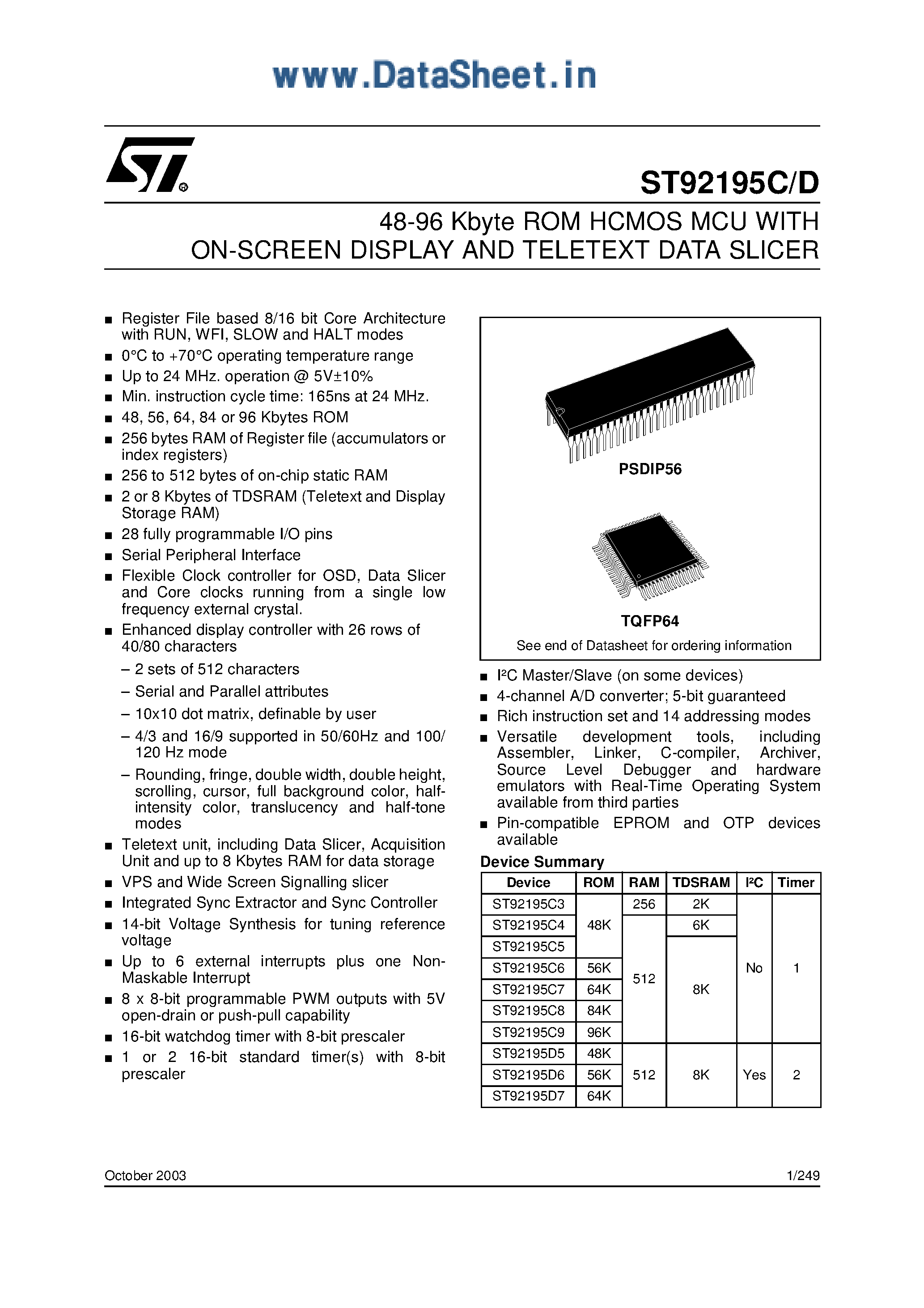 Datasheet ST92195C - (ST92195C/D) 48-96 Kbyte ROM HCMOS MCU page 1