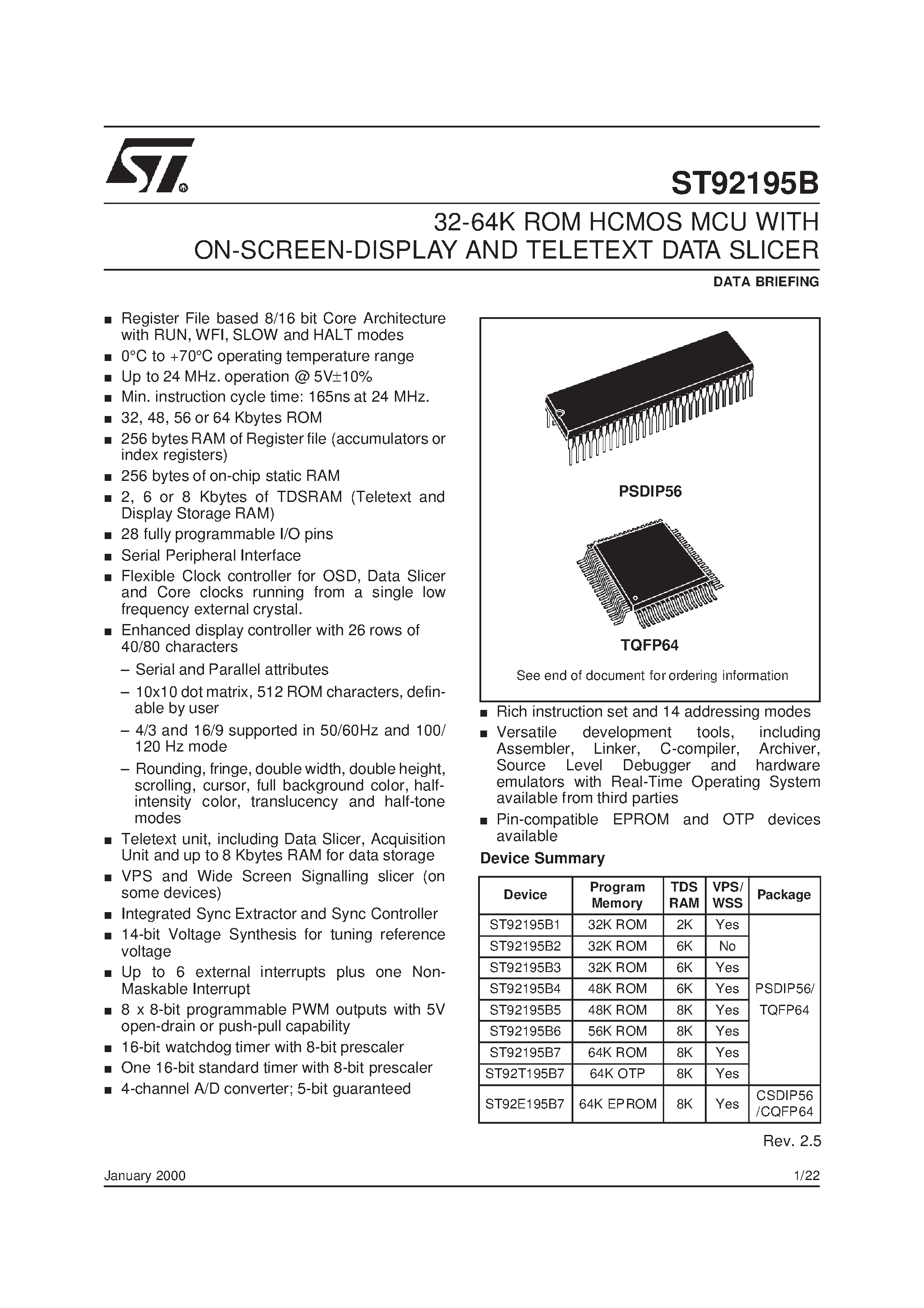 Datasheet ST92195B - 32-64K ROM HCMOS MCU WITH ON-SCREEN-DISPLAY AND TELETEXT DATA SLICER page 1