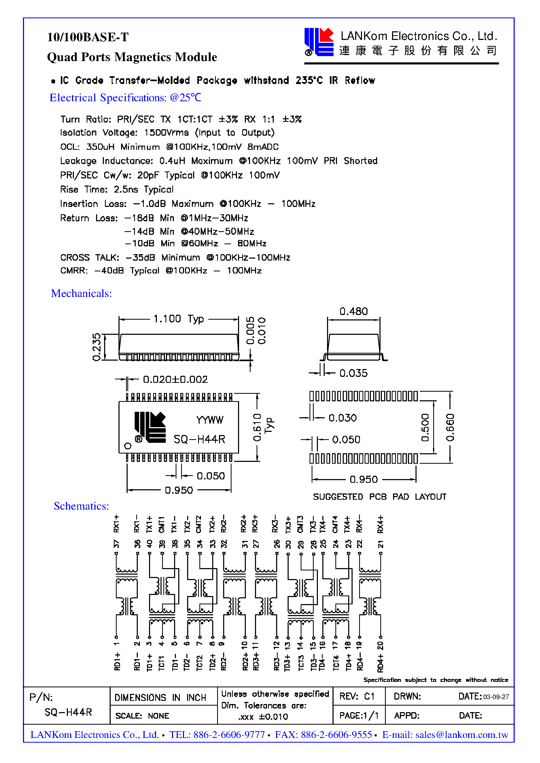 Даташит SQ-H44R - 10/100BASE-T Quad Ports Magnetics Module страница 1