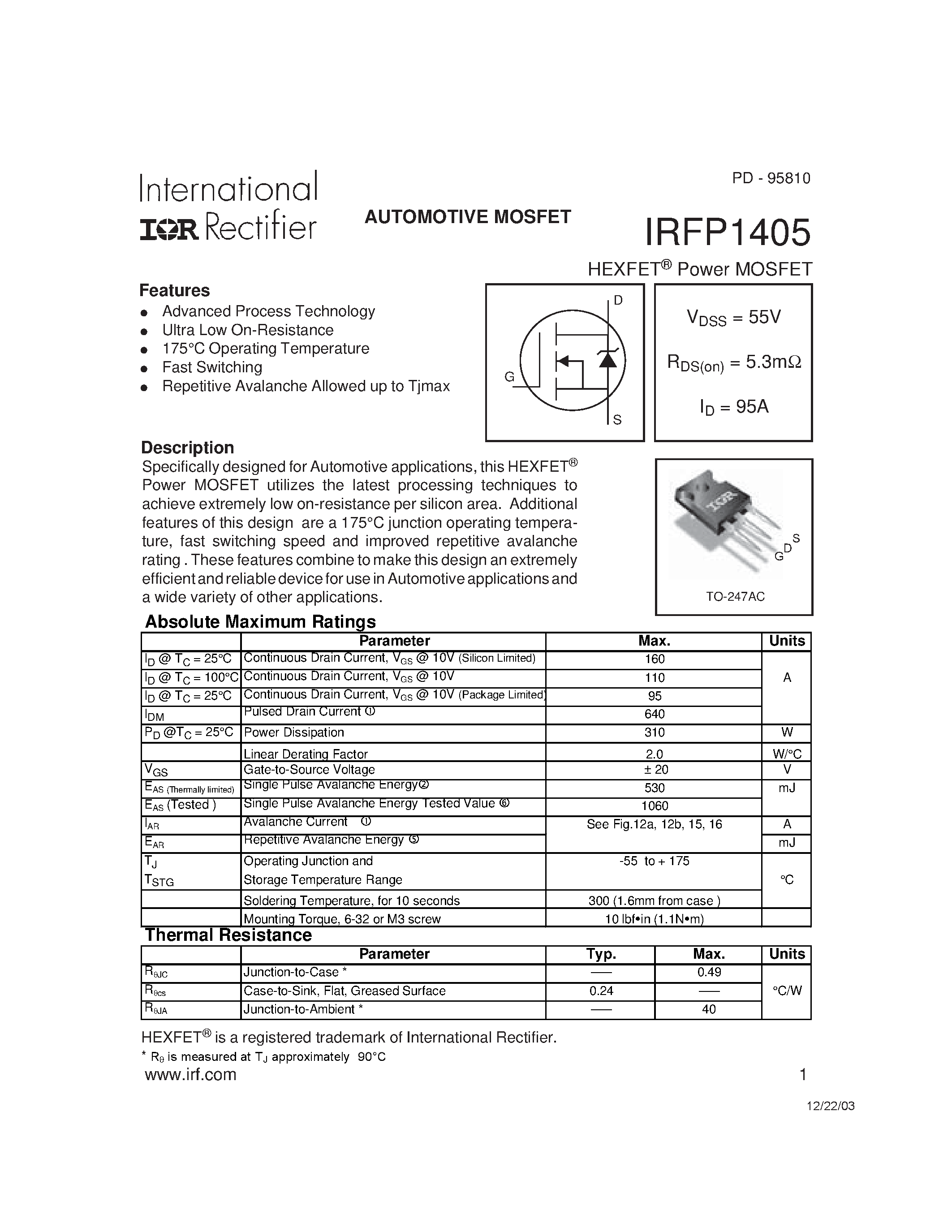 Datasheet IRFP1405 - AUTOMOTIVE MOSFET page 1