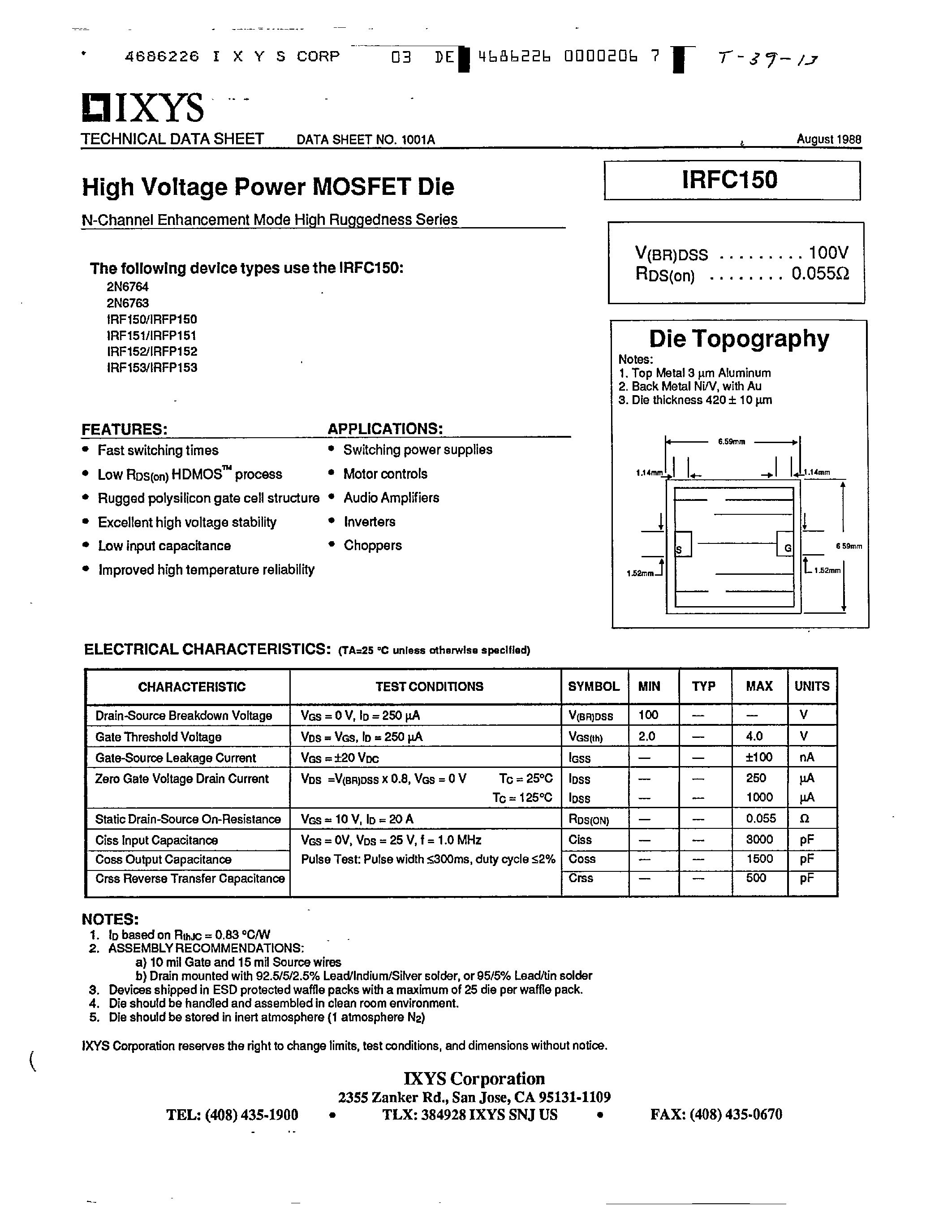Даташит IRF150 - (IRF150 - IRF153) HIGH VOLTAGE POWER MOSFET DIE страница 1