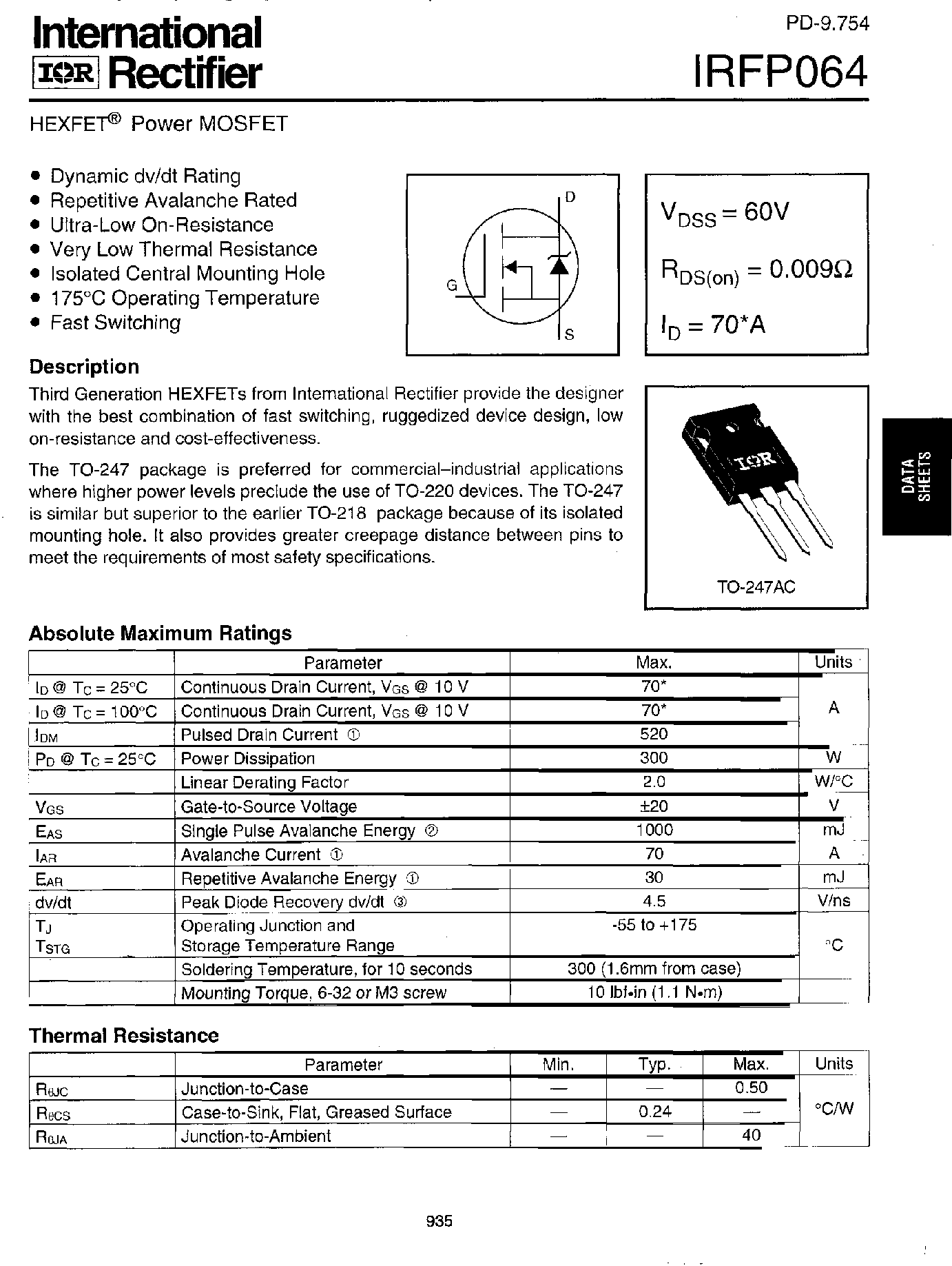 Datasheet IRFP064 - Power MOSFET page 1