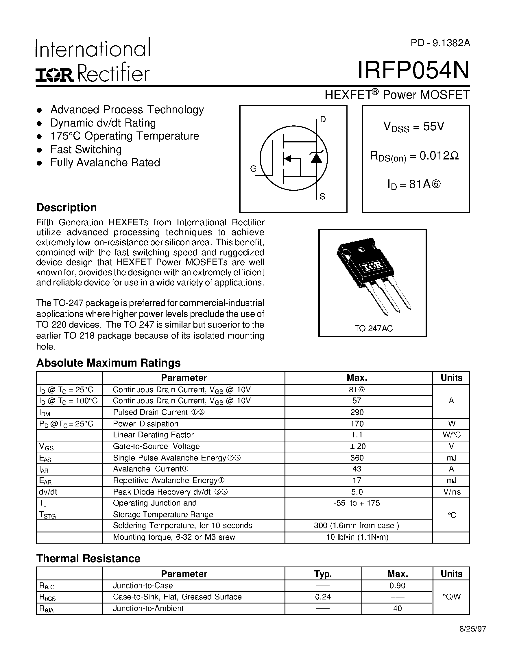 Даташит IRFP054N - Power MOSFET страница 1