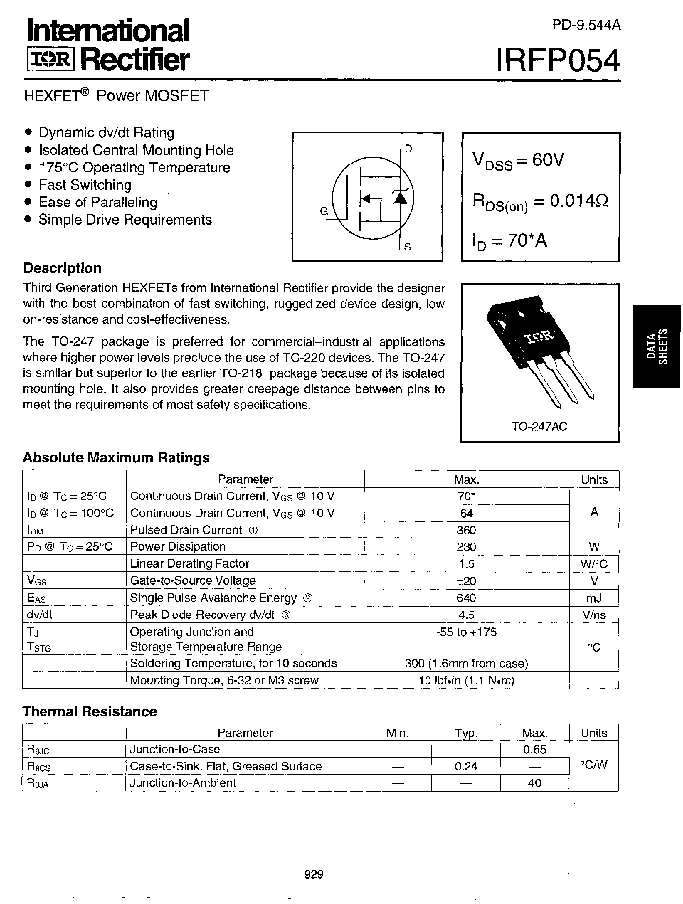 Datasheet IRFP054 - Power MOSFET page 1