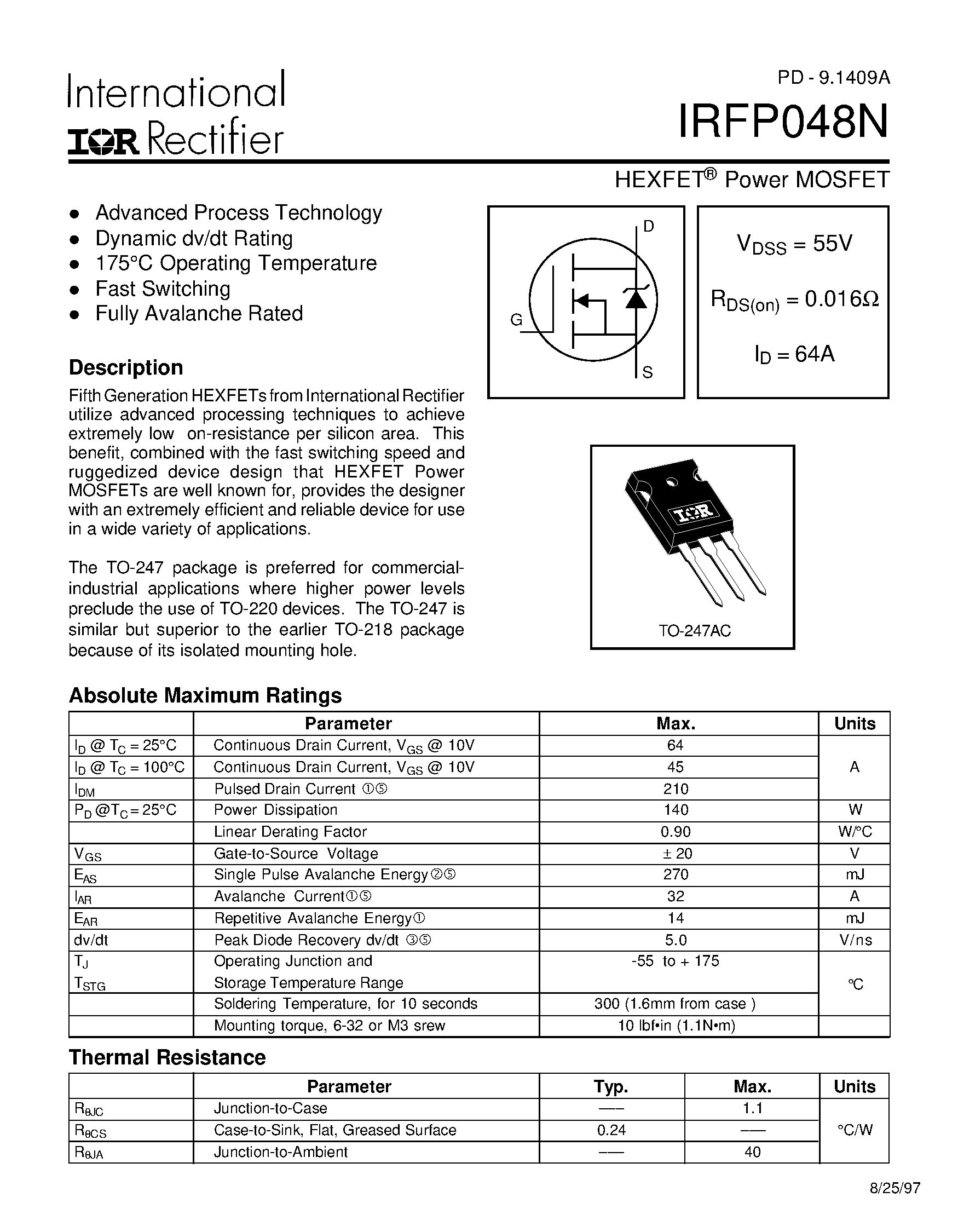 Даташит IRFP048N - Power MOSFET страница 1