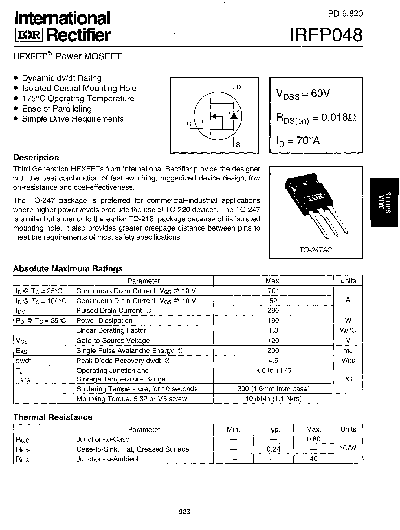 Даташит IRFP048 - Power MOSFET страница 1