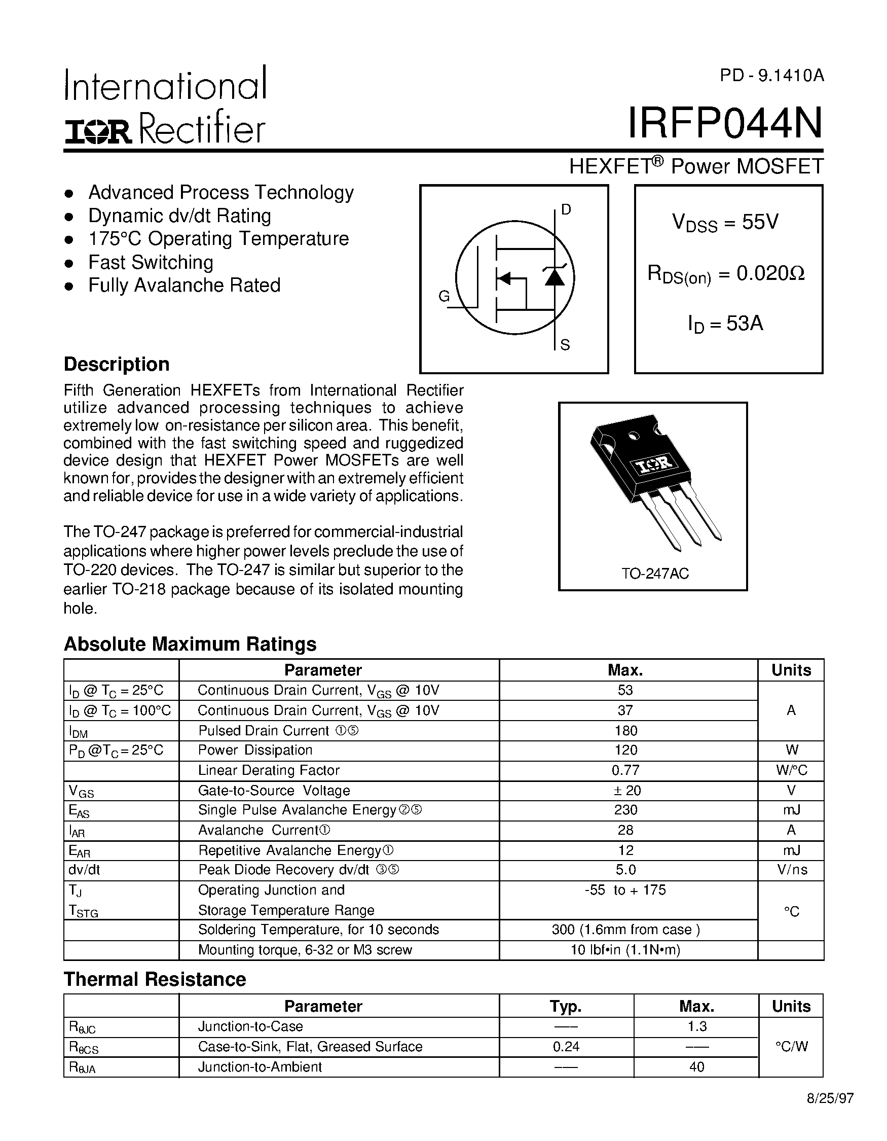 Даташит IRFP044N - Power MOSFET страница 1