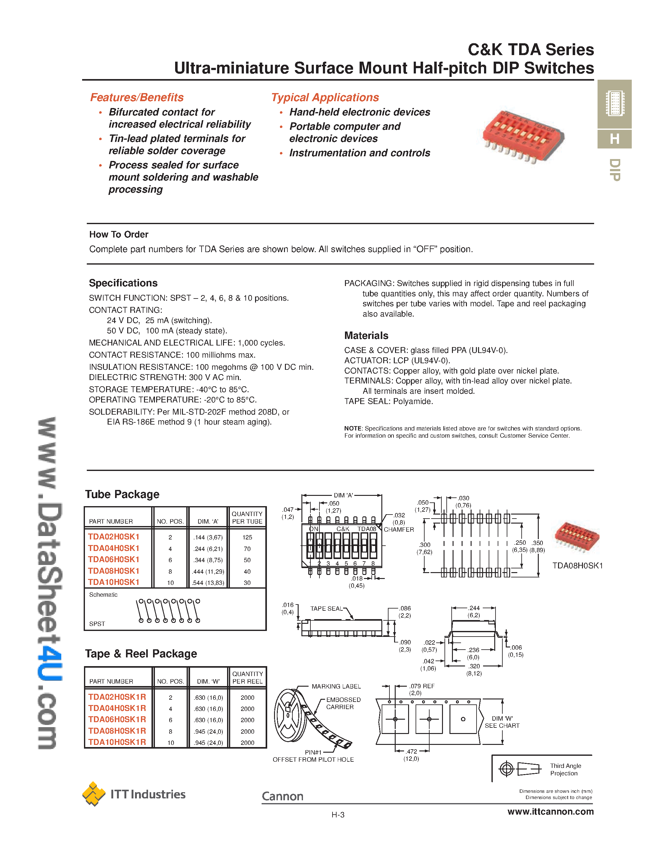 Datasheet TDA02H0SK1 - (TDA0xxx) Ultra Miniature Surface Mount Half Pitch DIP Switches page 1