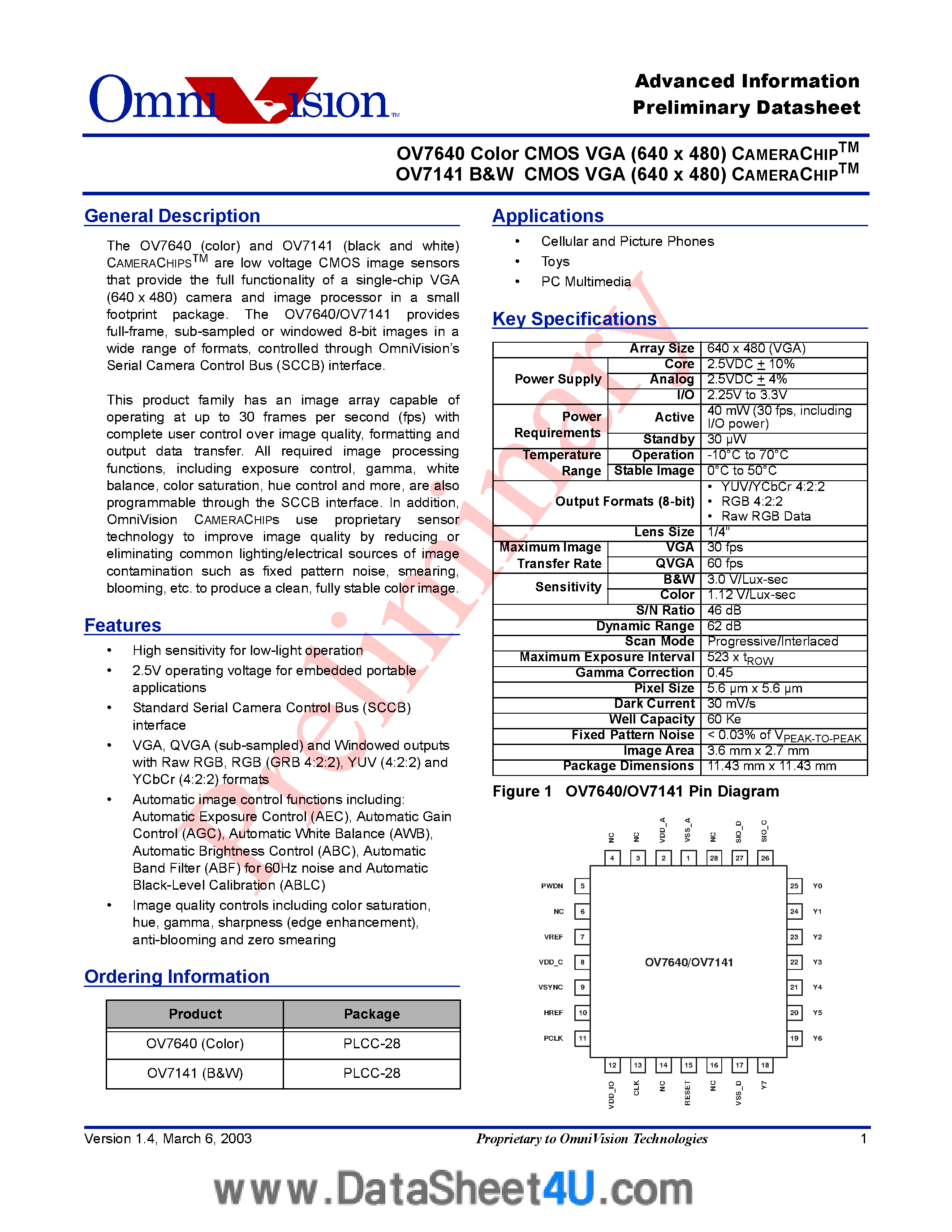 Datasheet OV7141 - (OV7141 / OV7640) B/w Vga 640 X 480 Digital CMOS Camerachipstm page 1