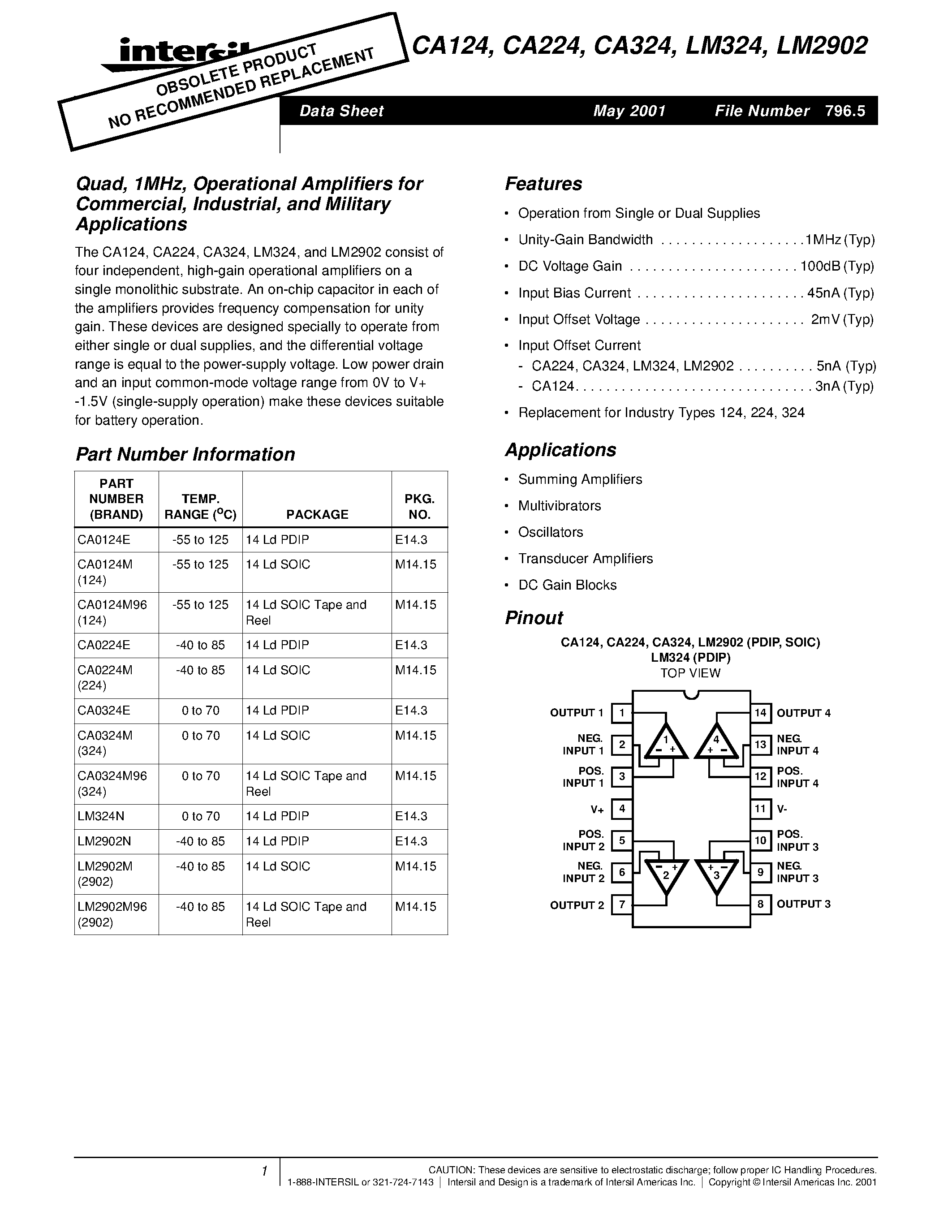 Datasheet CA124 - Operational Amplifiers for Commercial / Industrial and Military Applications page 1