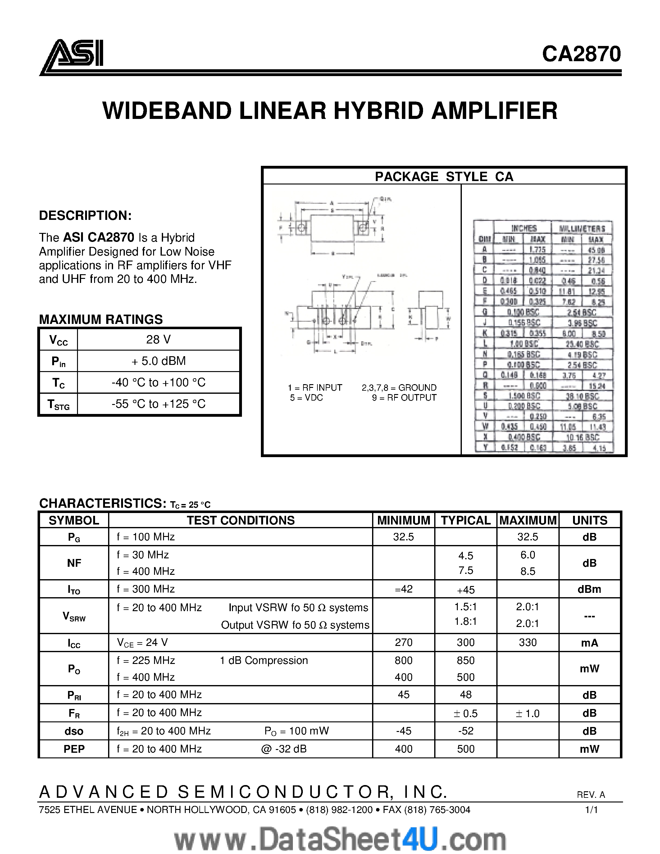 Даташит CA2870 - Wideband Linear HybridAmplifier страница 1