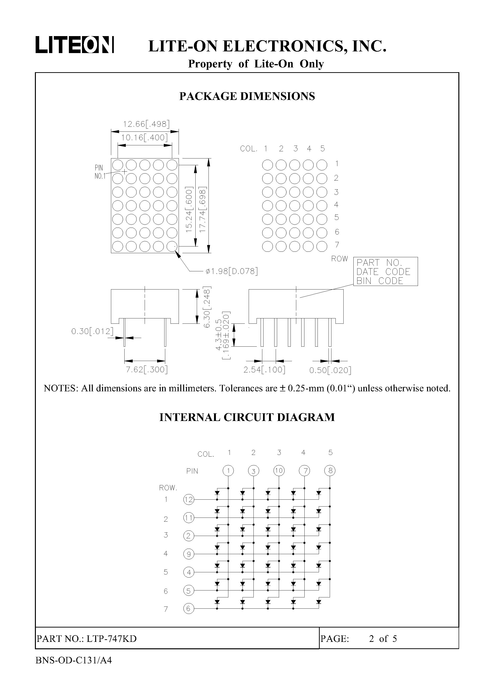 Datasheet LTP-747KD - 5 X 7 DOT MATRIX LED DISPLAY page 2