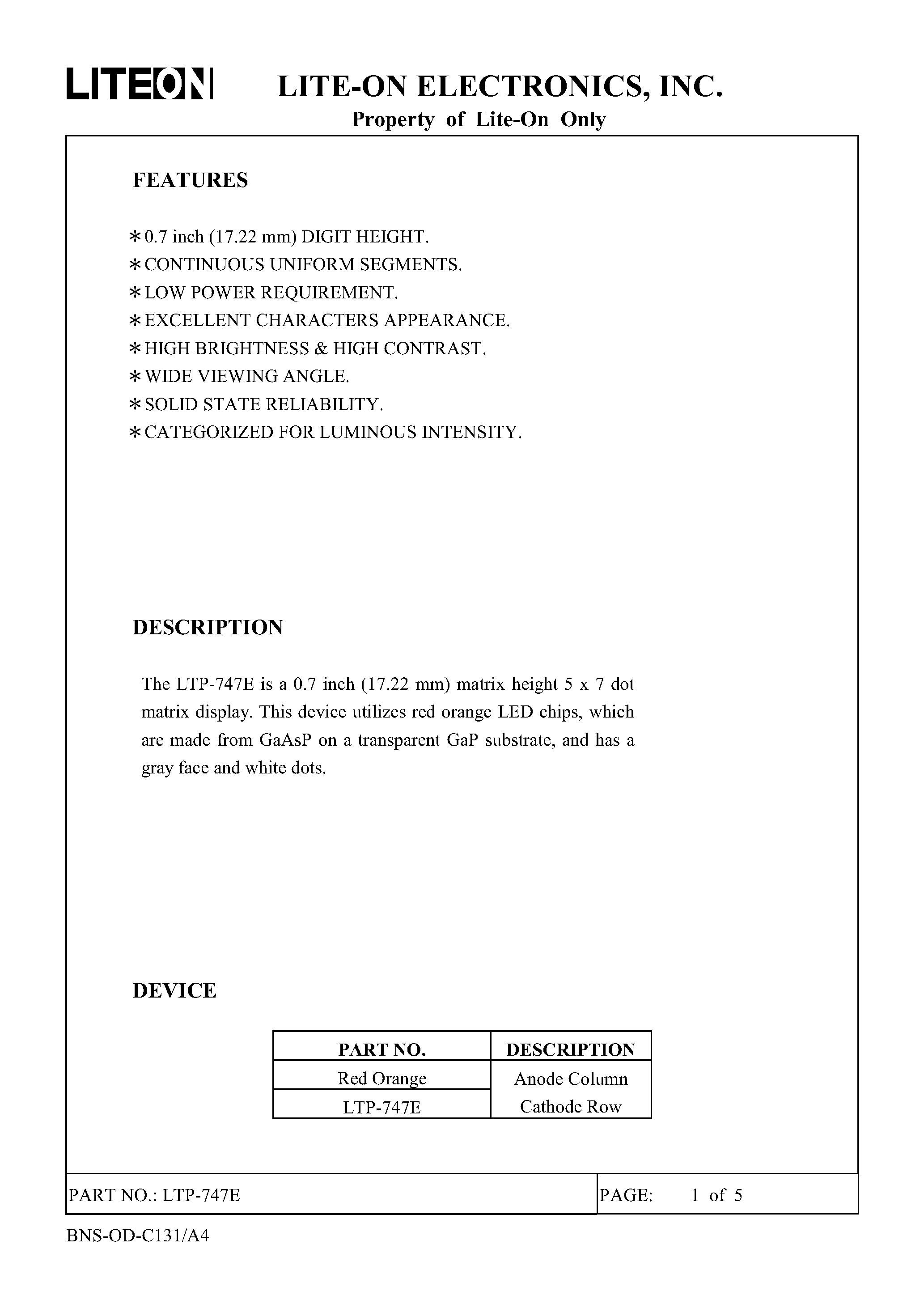 Datasheet LTP-747E - 5 X 7 DOT MATRIX LED DISPLAY page 1