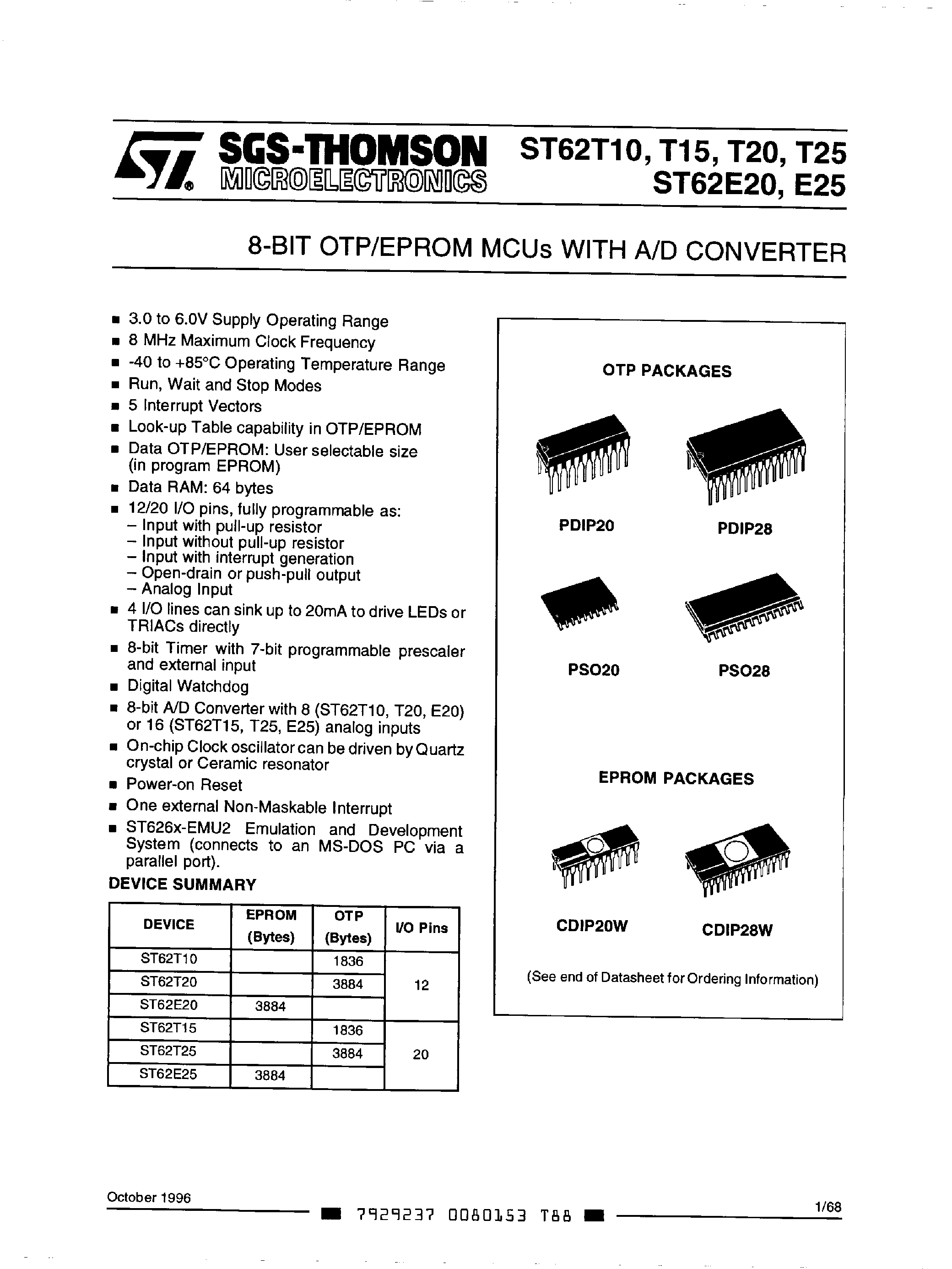 Datasheet ST62E20 - (ST62T10 - ST62E25) 8-BIT OTP/EPROM MCUs WITH A/D CONVERTER page 1