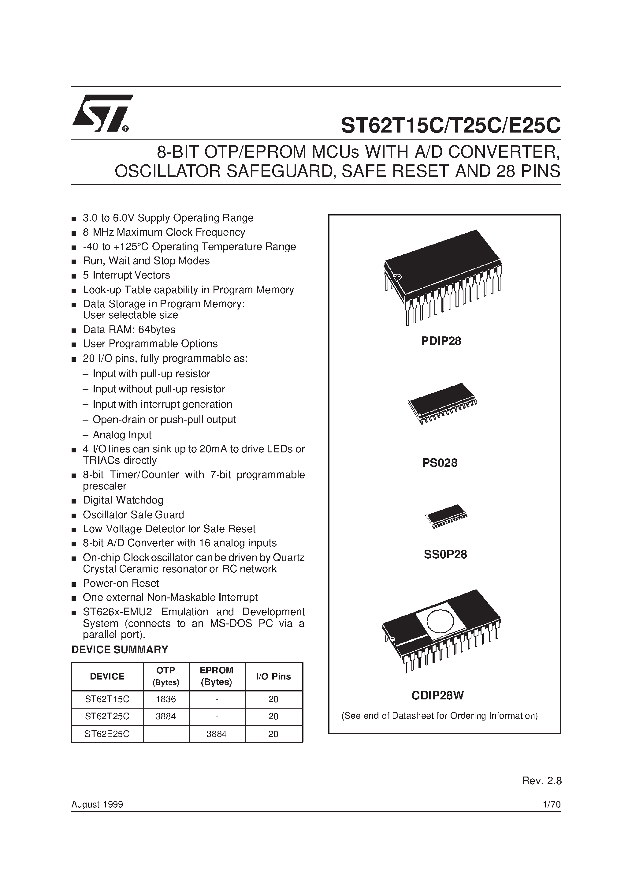 Даташит ST62E25C - (ST62T15C / ST62T25C) 8-BIT OTP/EPROM MCUs WITH A/D CONVERTER страница 1