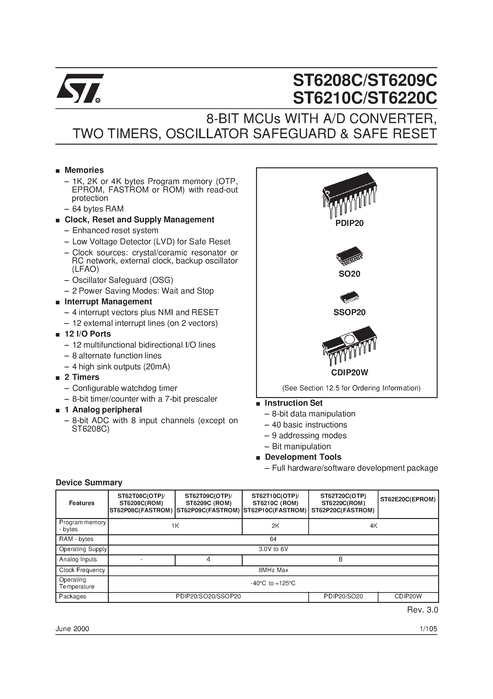 Datasheet ST6208C - (ST6208C - ST6220C) 8-BIT MCUs WITH A/D CONVERTER page 1