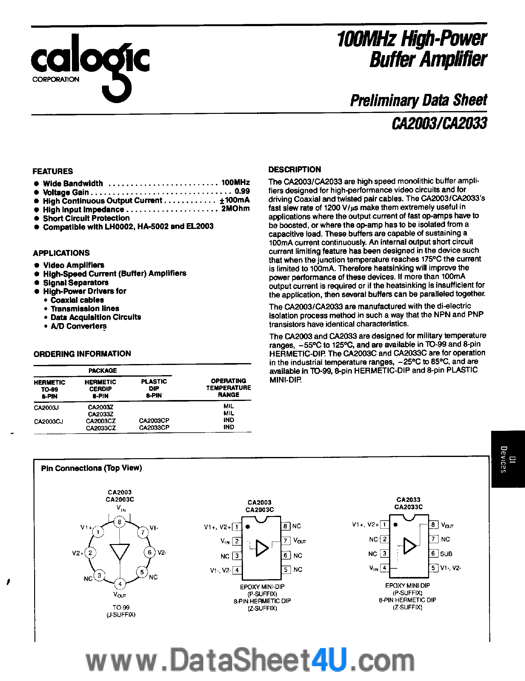 Datasheet CA2003 - (CA2003 / CA2033) 100Mhz High Power Buffer Amplifier page 1