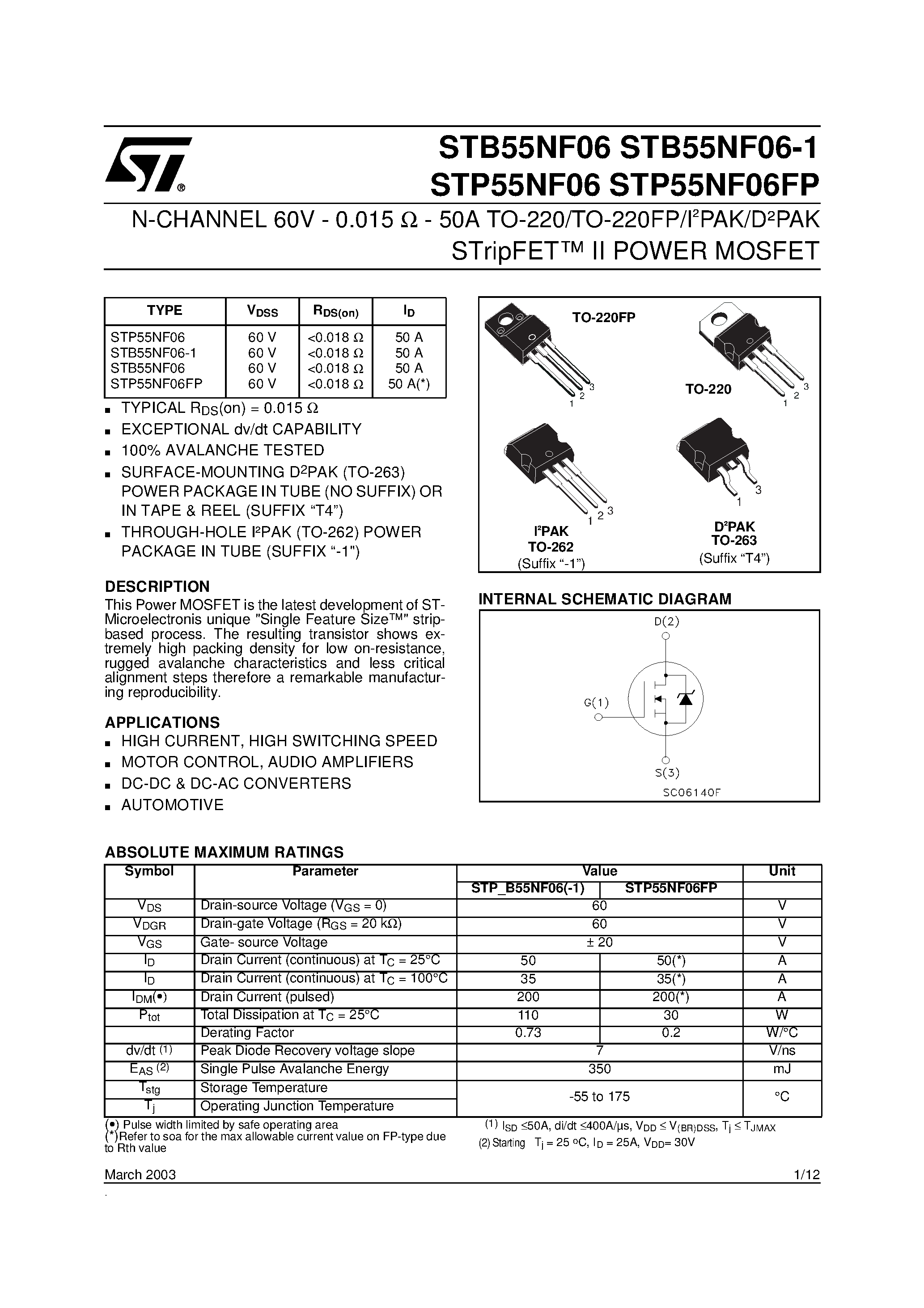 Datasheet STP55NF06 - N-CHANNEL POWER MOSFET page 1
