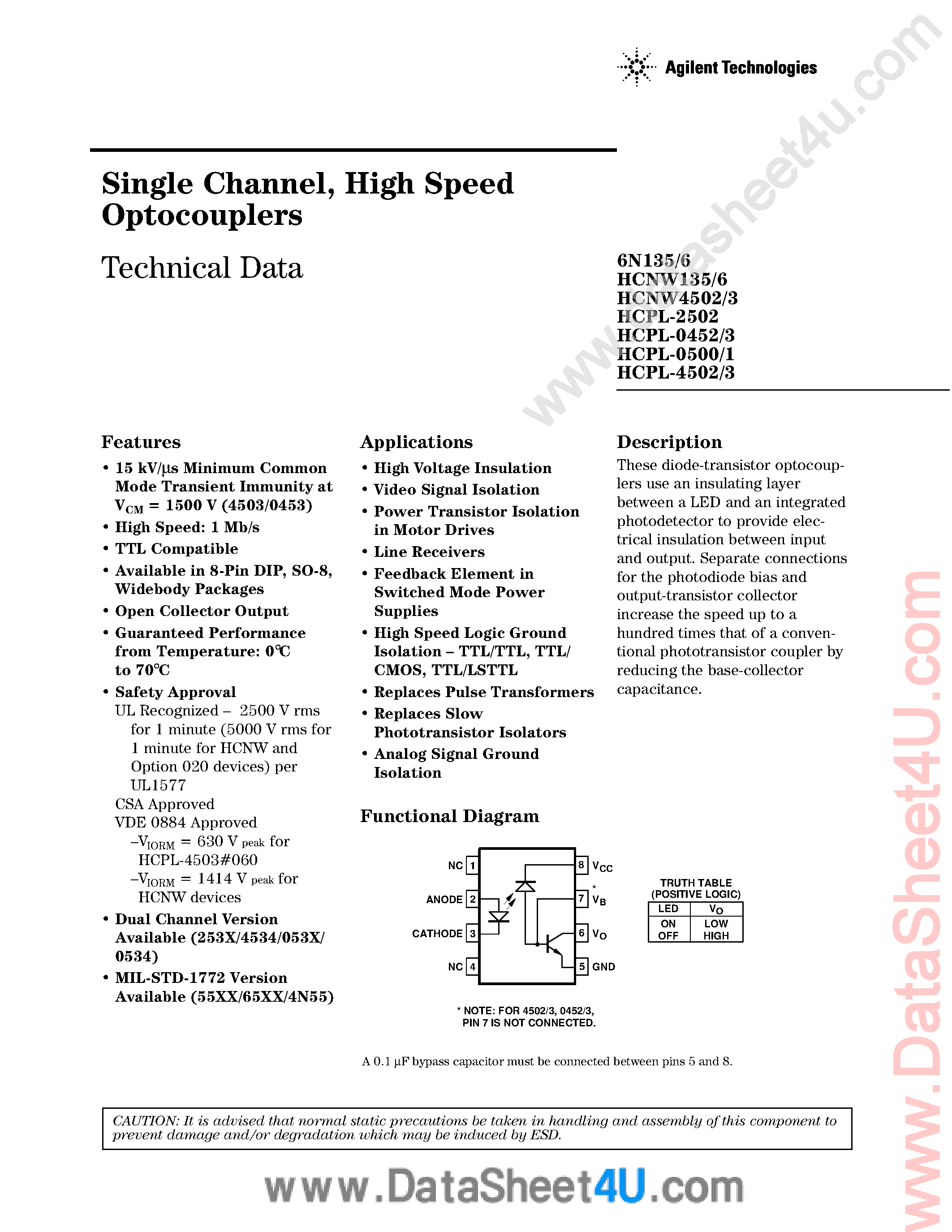 Datasheet HCPL-0452 - (HCPL-xxxx) Single Channel / High Speed Optocouplers page 1
