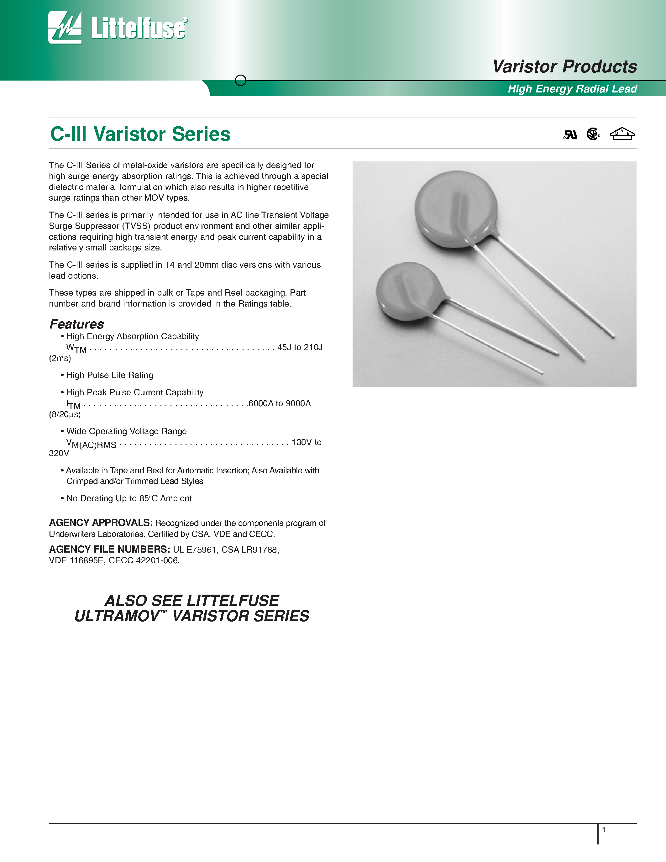 Datasheet V320LA20C - C-III Varistor Series page 1