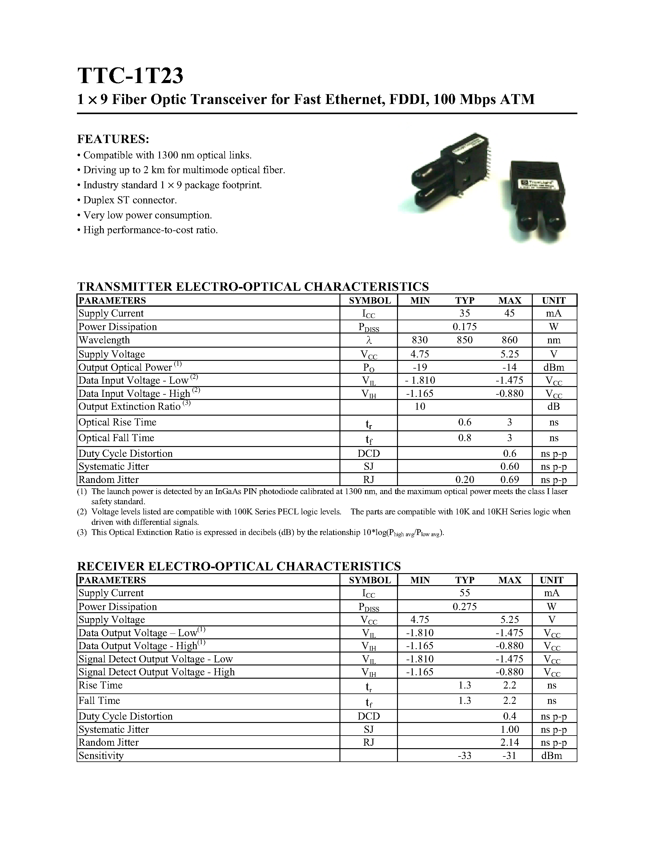 Даташит TTC-1T23 - 1 X 9 FIBER OPTIC TRANSCEIVER FOR FAST ETHERNET страница 1