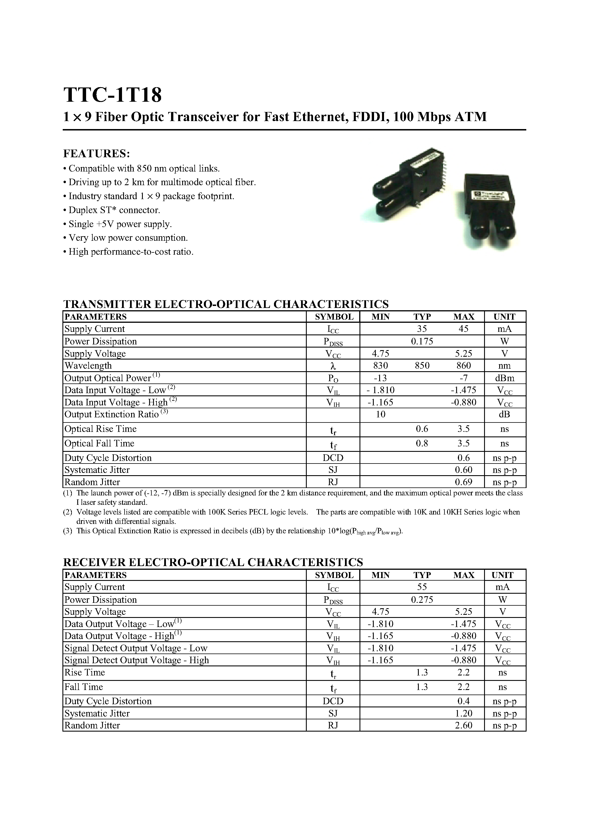 Datasheet TTC-1T18 - 1 X 9 FIBER OPTIC TRANSCEIVER FOR FAST ETHERNET page 1