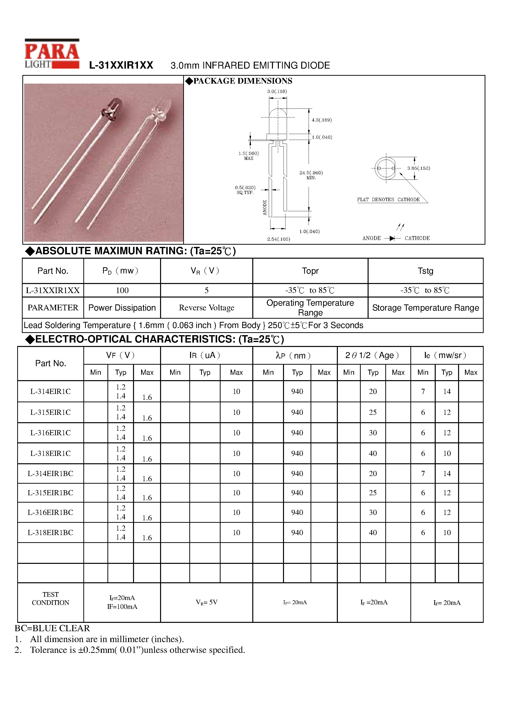 Datasheet L-314 - (L-31x) 3.0mm INFRARED EMITTING DIODE page 1