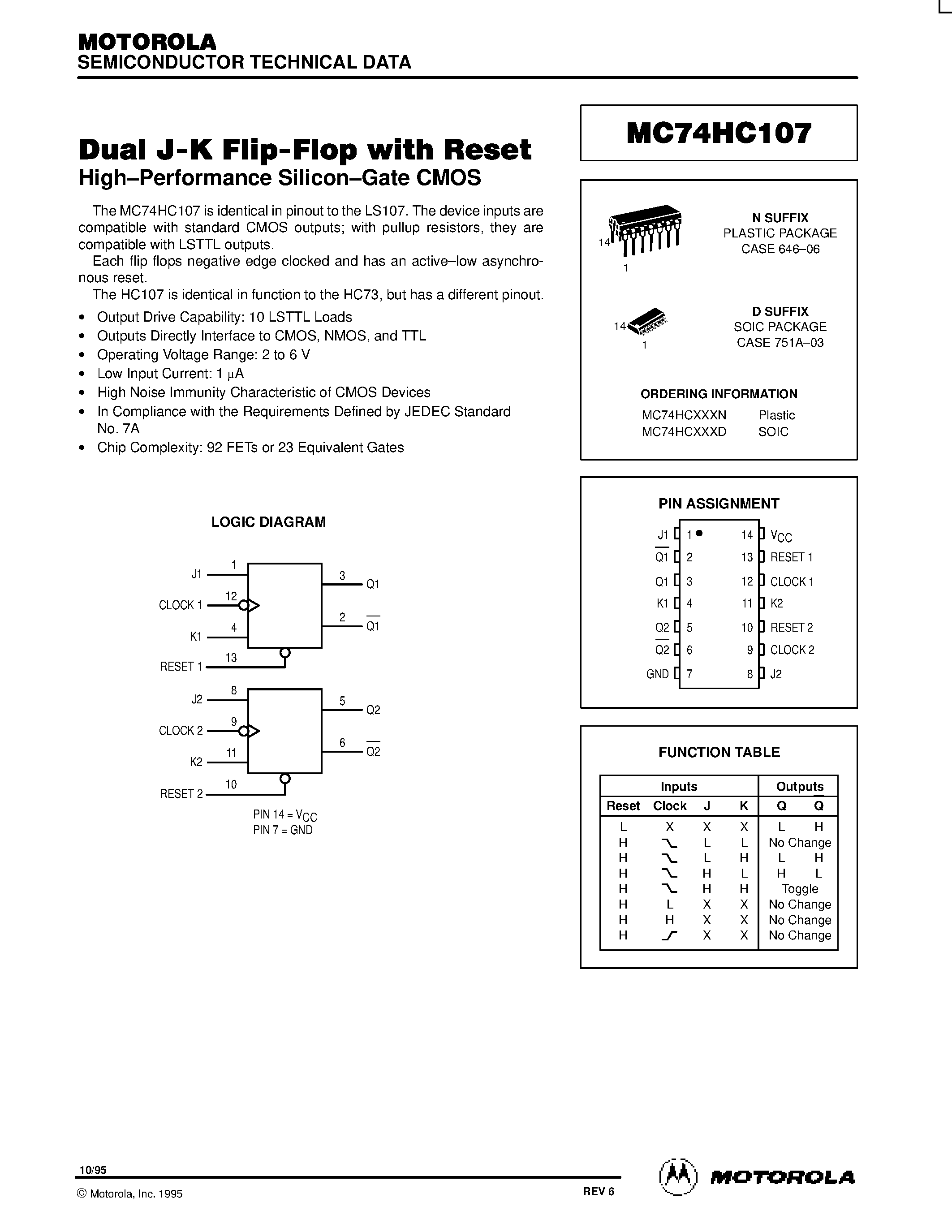 Datasheet MC75HC107 - Dual J-K Flip-Flop with Reset page 1