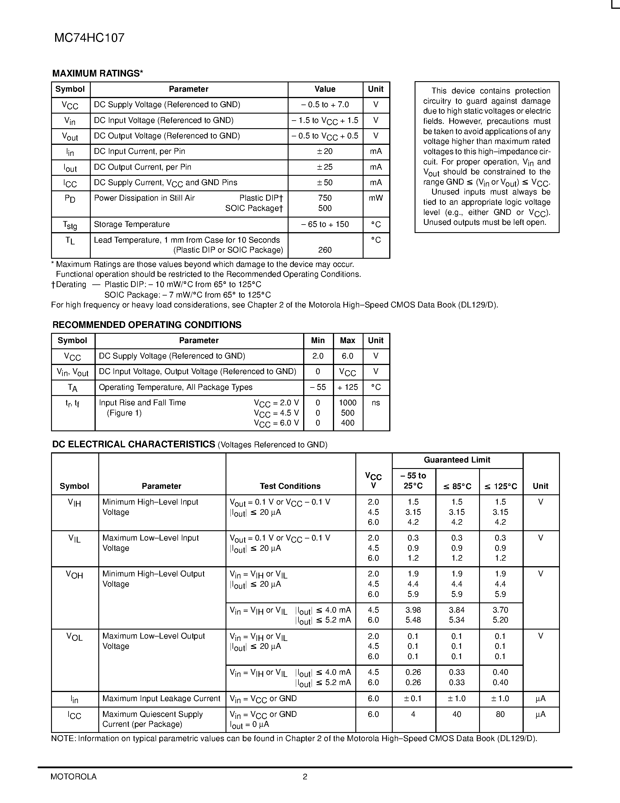 Datasheet MC75HC107 - Dual J-K Flip-Flop with Reset page 2