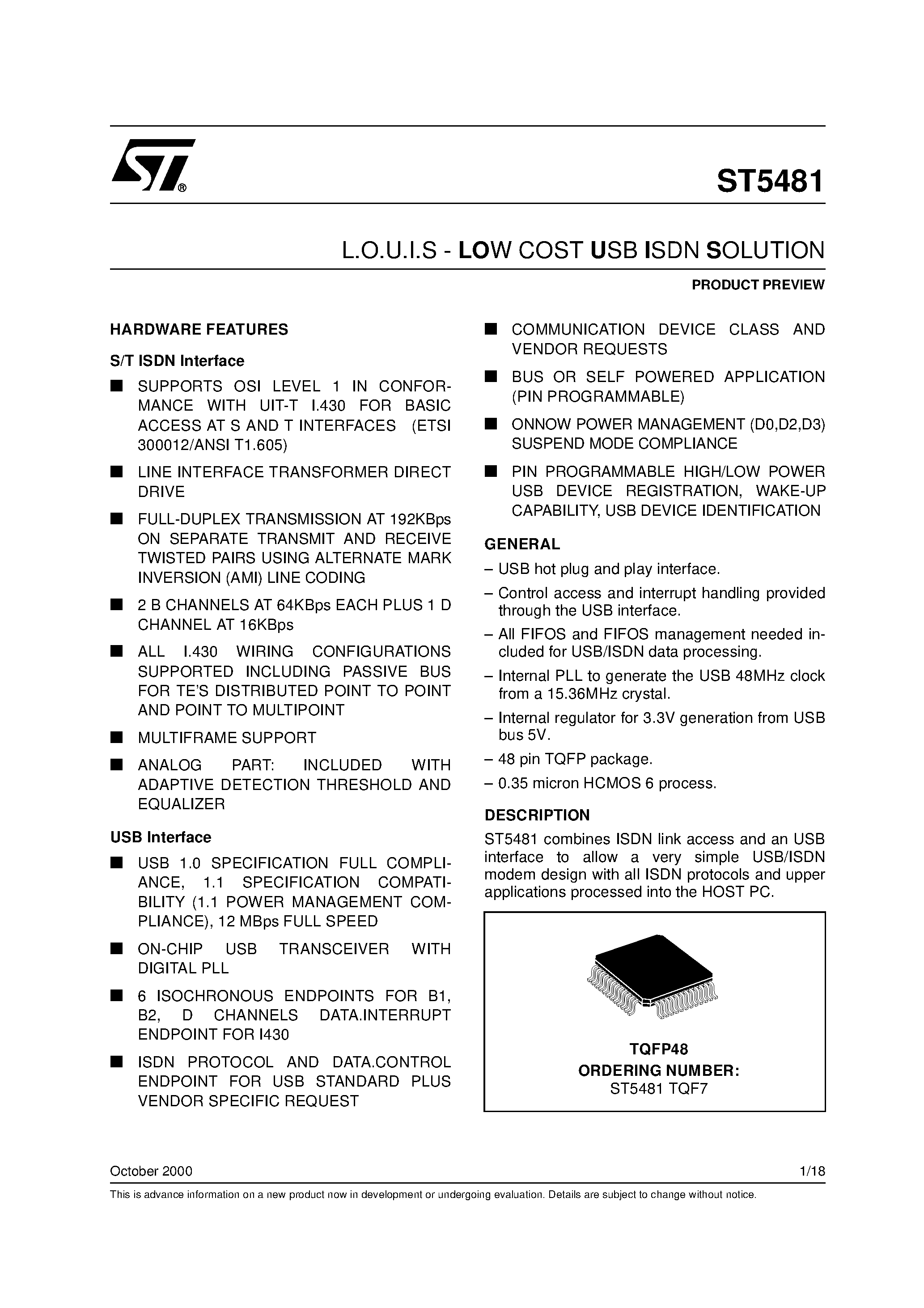 Даташит ST5481 - L.O.U.I.S - LOW COST USB ISDN SOLUTION страница 1