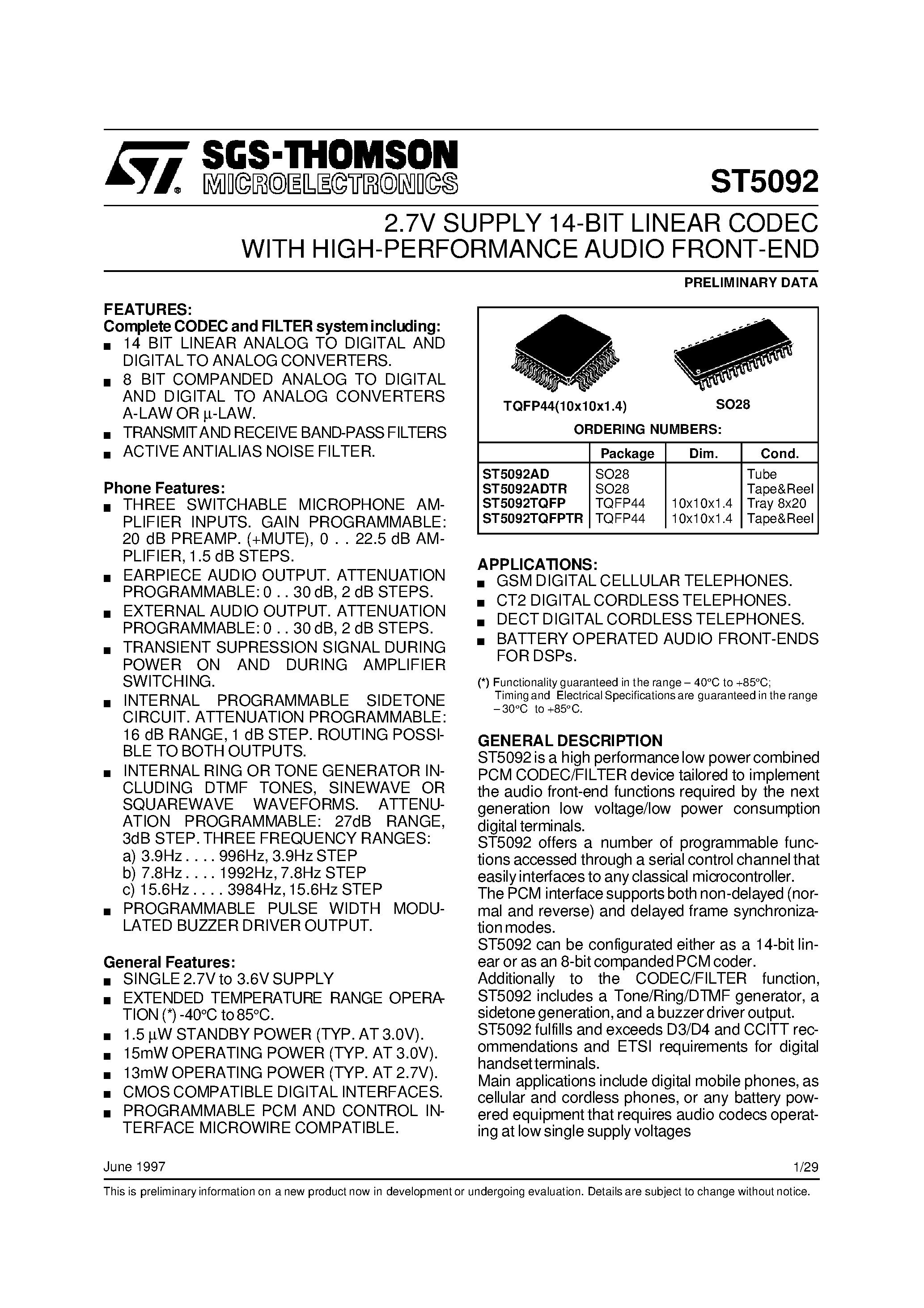 Даташит ST5092 - 2.7V SUPPLY 14-BIT LINEAR CODEC WITH HIGH-PERFORMANCE AUDIO FRONT-END страница 1