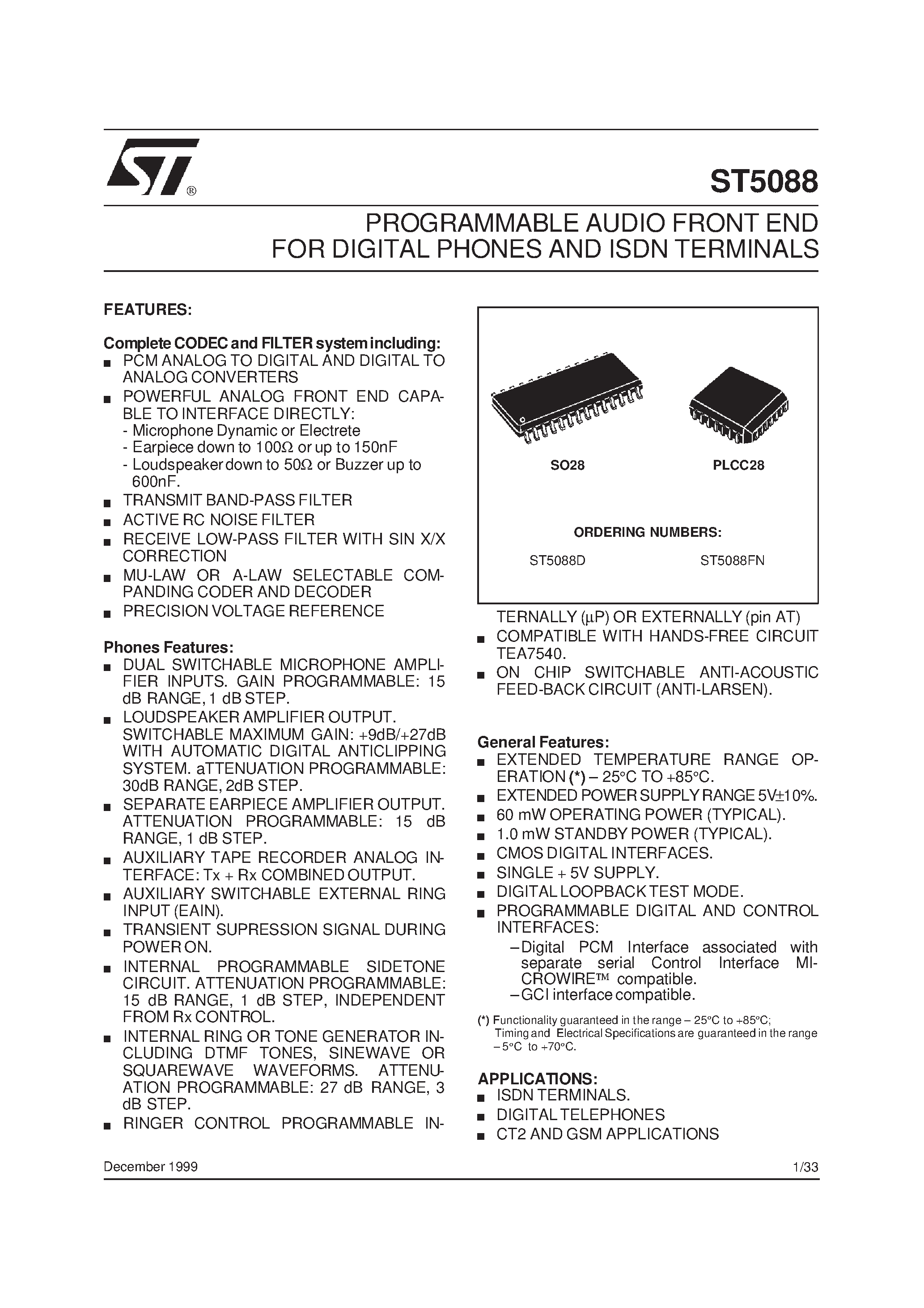 Даташит ST5088 - PROGRAMMABLE AUDIO FRONT END FOR DIGITAL PHONES AND ISDN TERMINALS страница 1