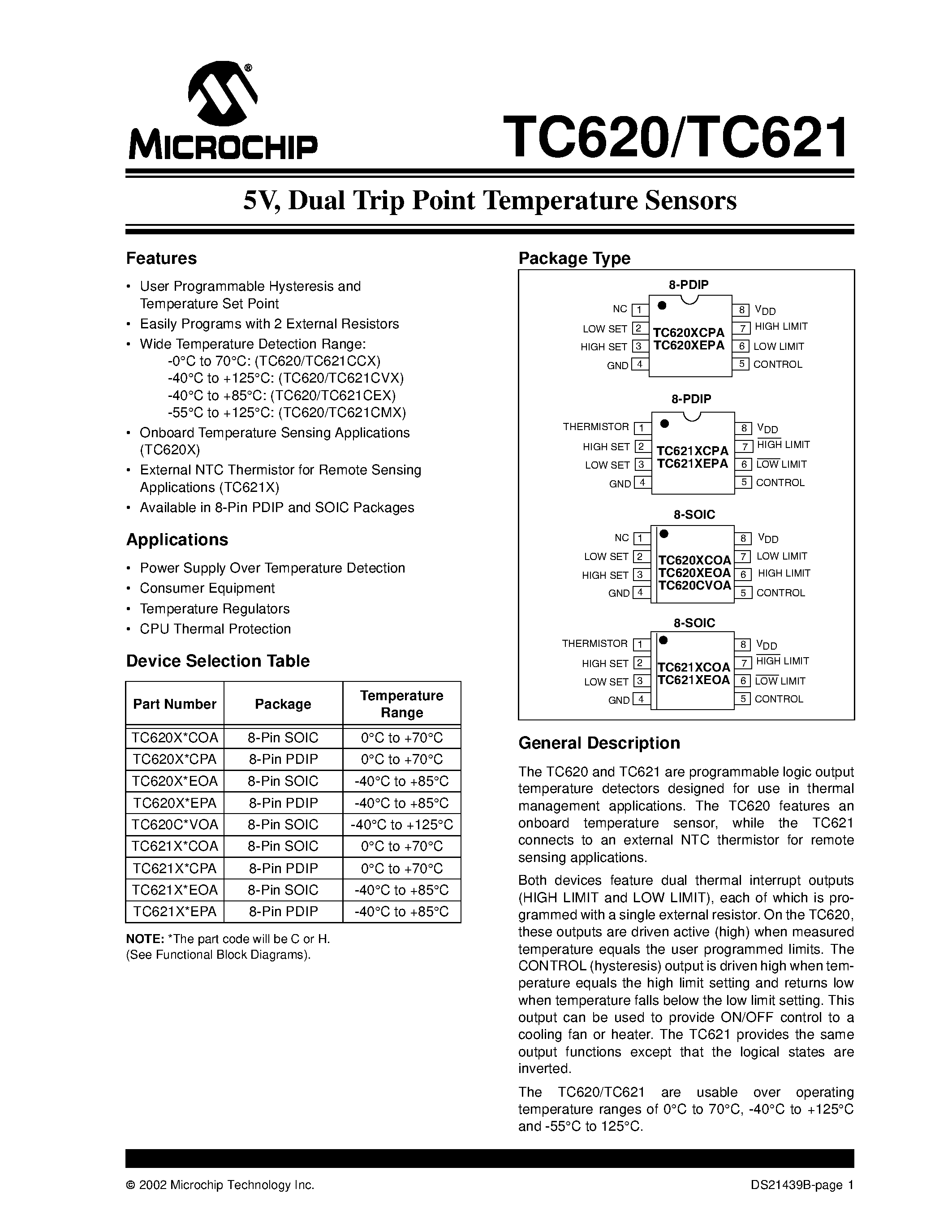 Даташит TC620 - (TC620 / TC621) Dual Trip Point Temperature Sensors страница 1