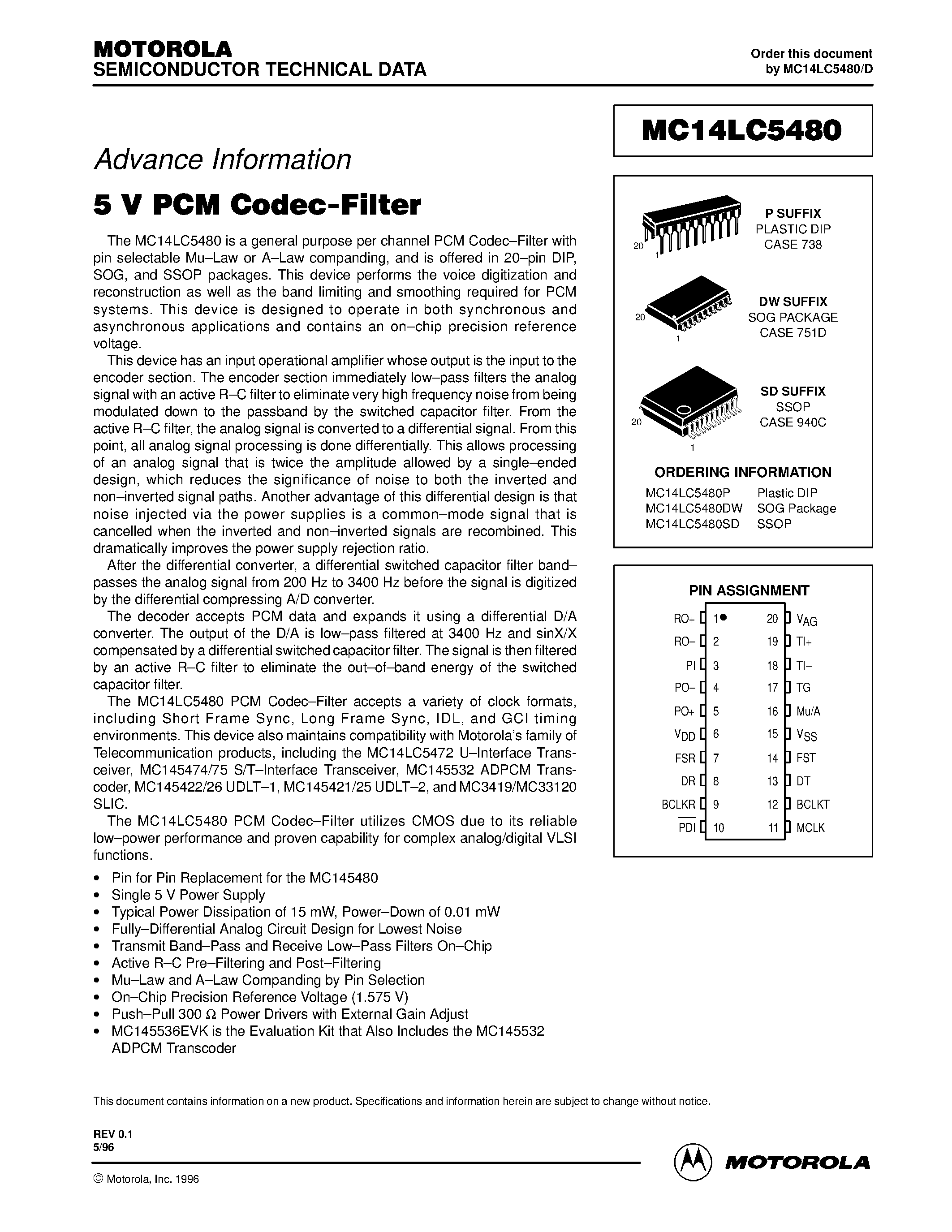 Datasheet MC14LC5480 - 5 V PCM Codec-Filter page 1
