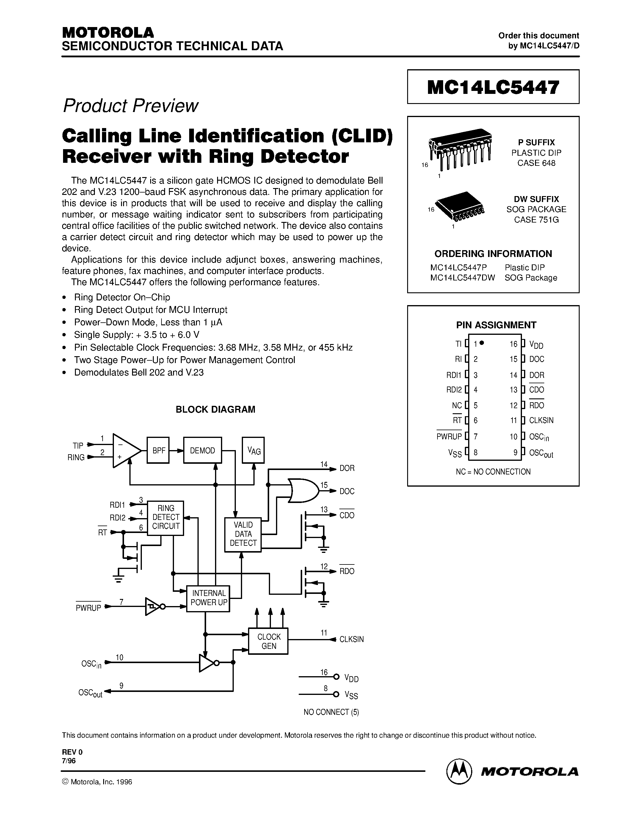 Datasheet MC14LC5447 - Calling Line Identification(CLID) Receiver with Ring Detector page 1