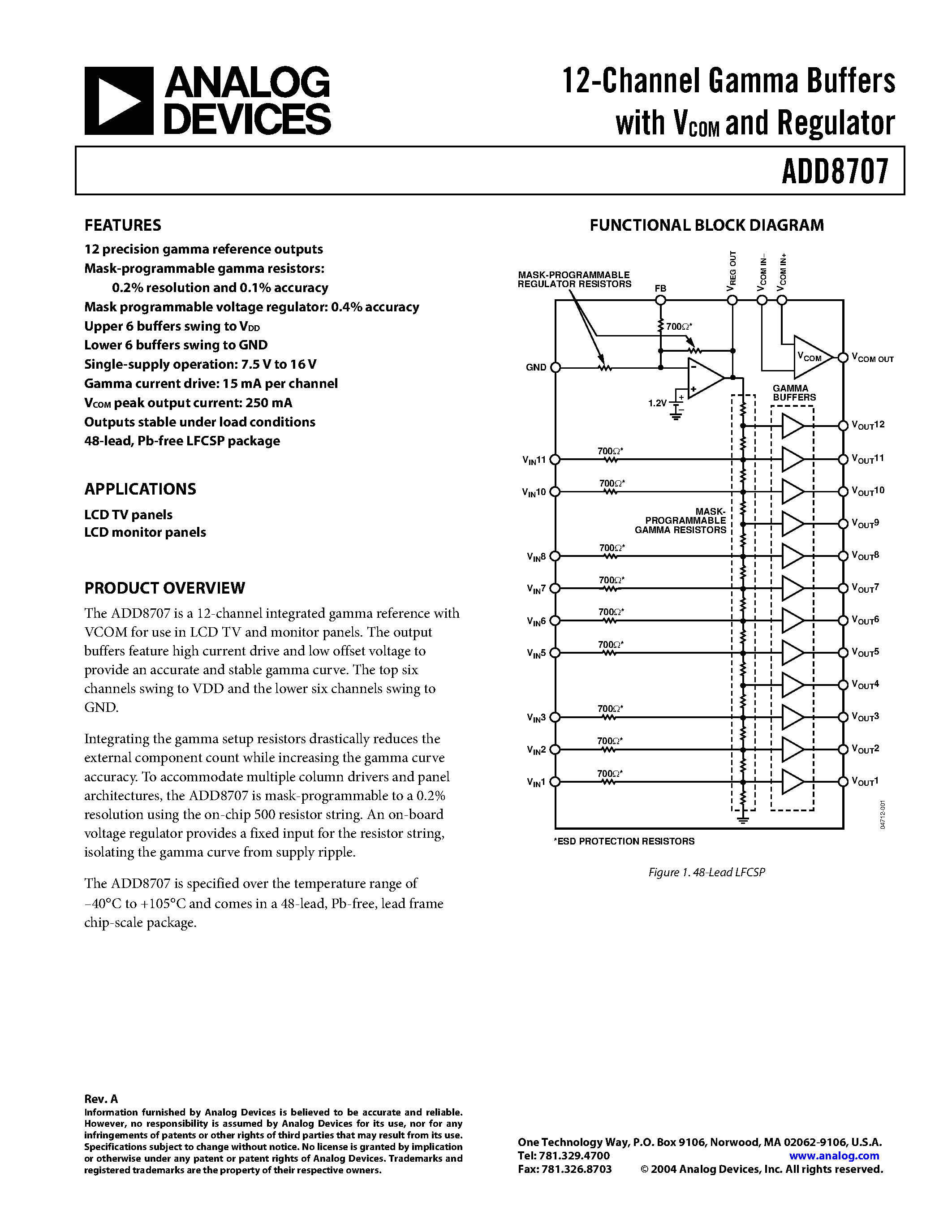 Datasheet ADD8707 - 12-Channel Gamma Buffers with VCOM and Regulator page 1