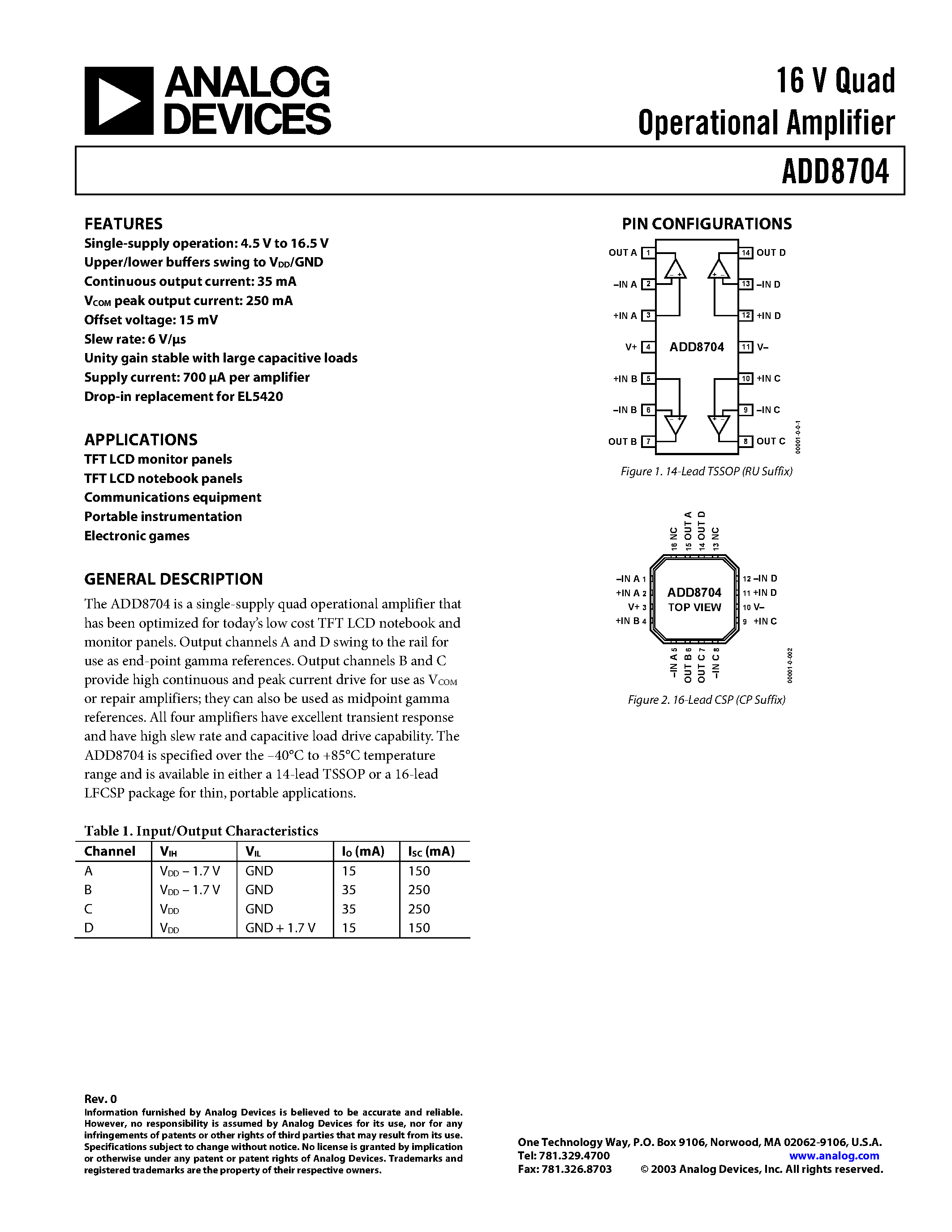 Datasheet ADD8704 - 16 V Quad Operational Amplifier page 1
