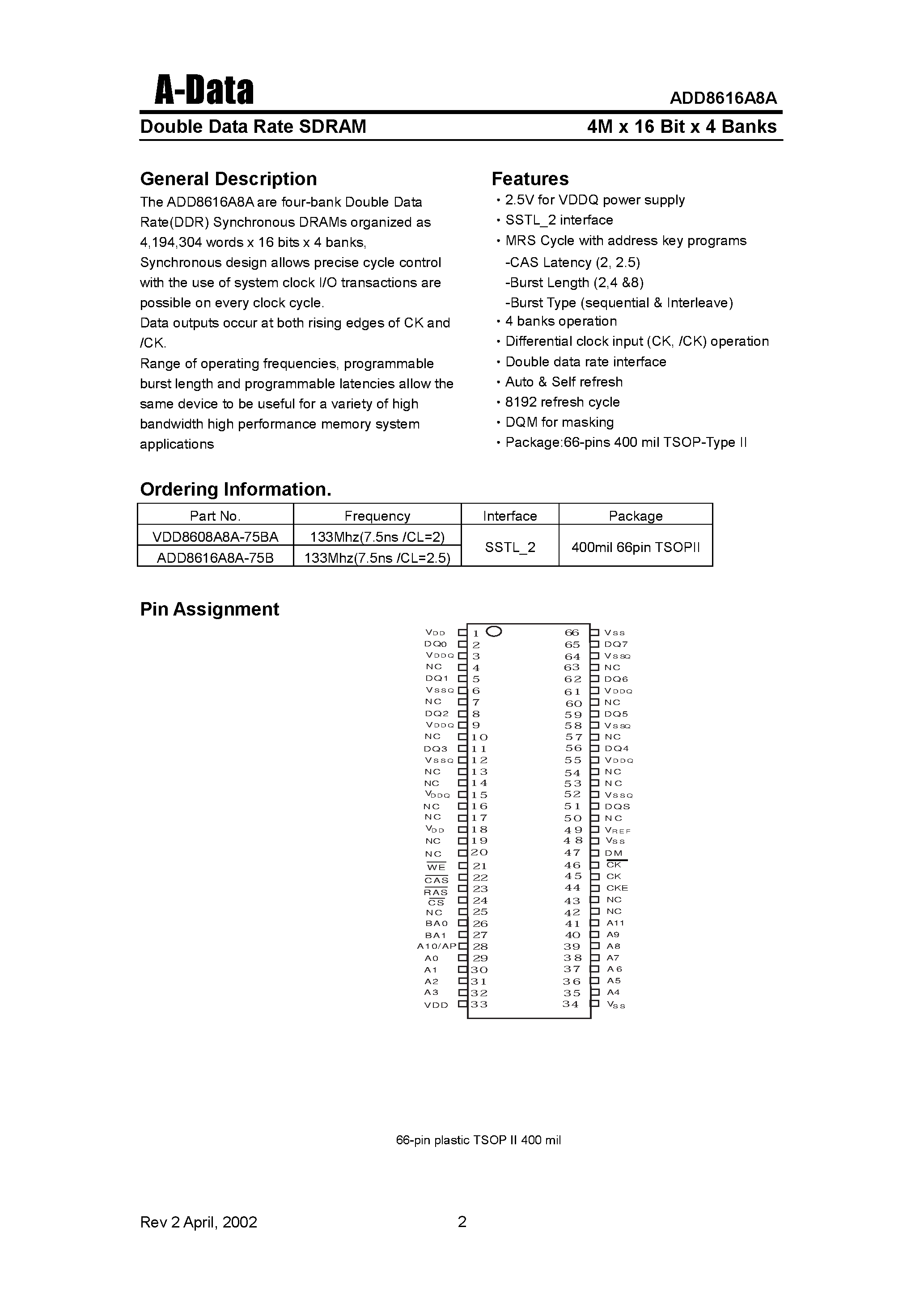 Даташит ADD8616A8A - DOUBLE DATA RATE SDRAM страница 2