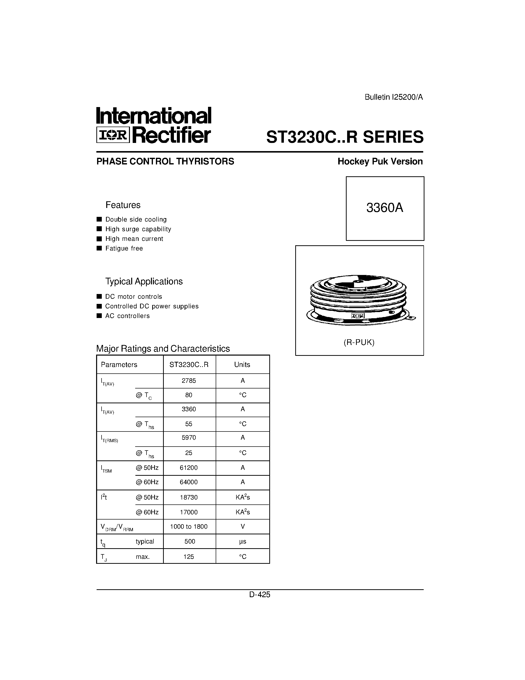 Datasheet ST3230C - PHASE CONTROL THYRISTORS Hockey Puk Version page 1