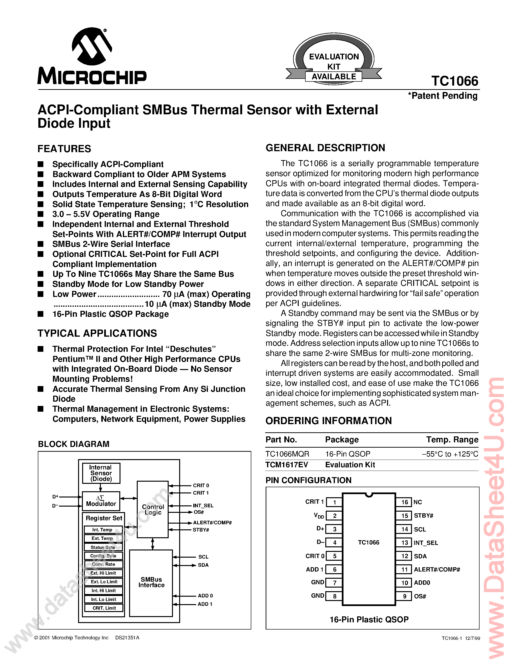 Datasheet TC1066 - ACPI Compliant SMBus Thermal Sensor page 1