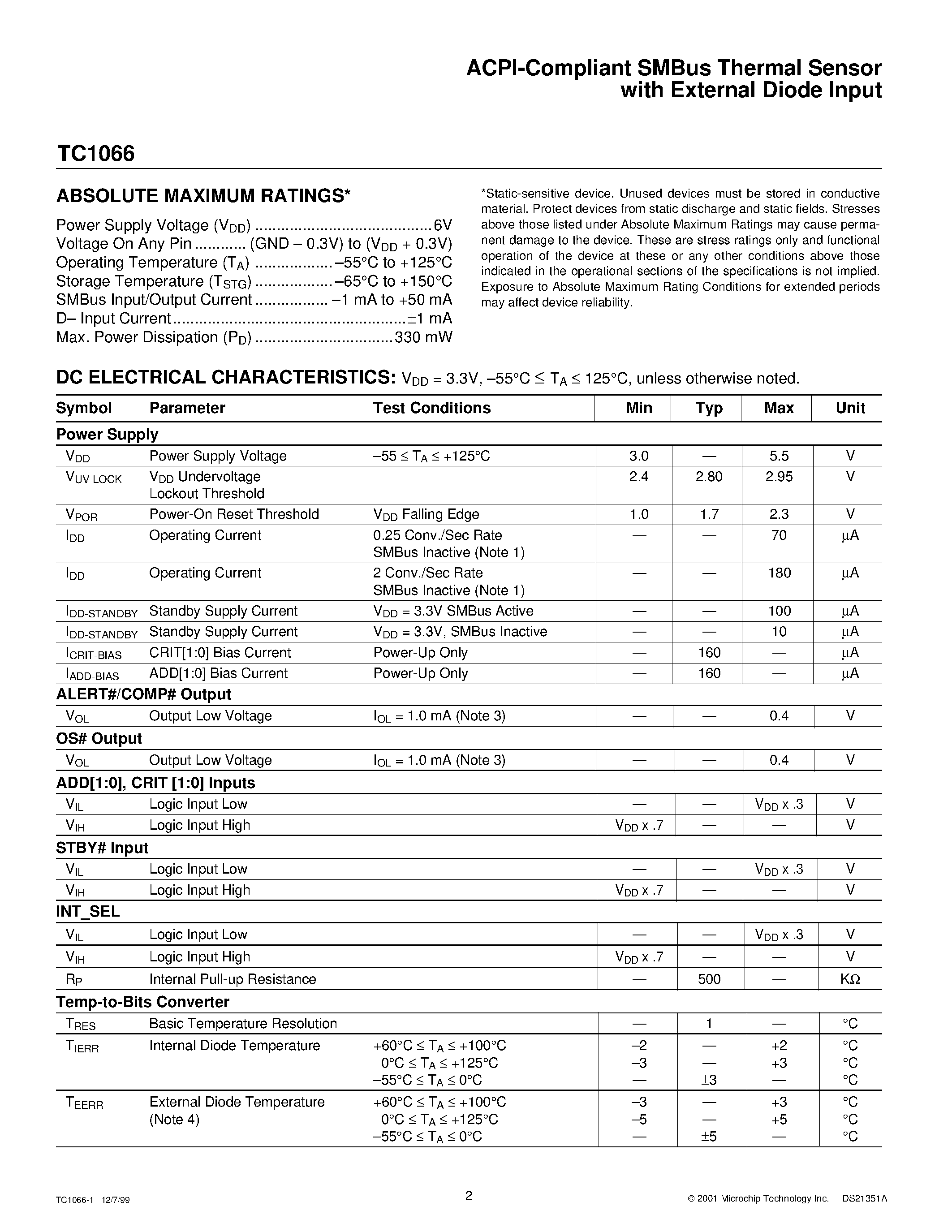 Datasheet TC1066 - ACPI Compliant SMBus Thermal Sensor page 2