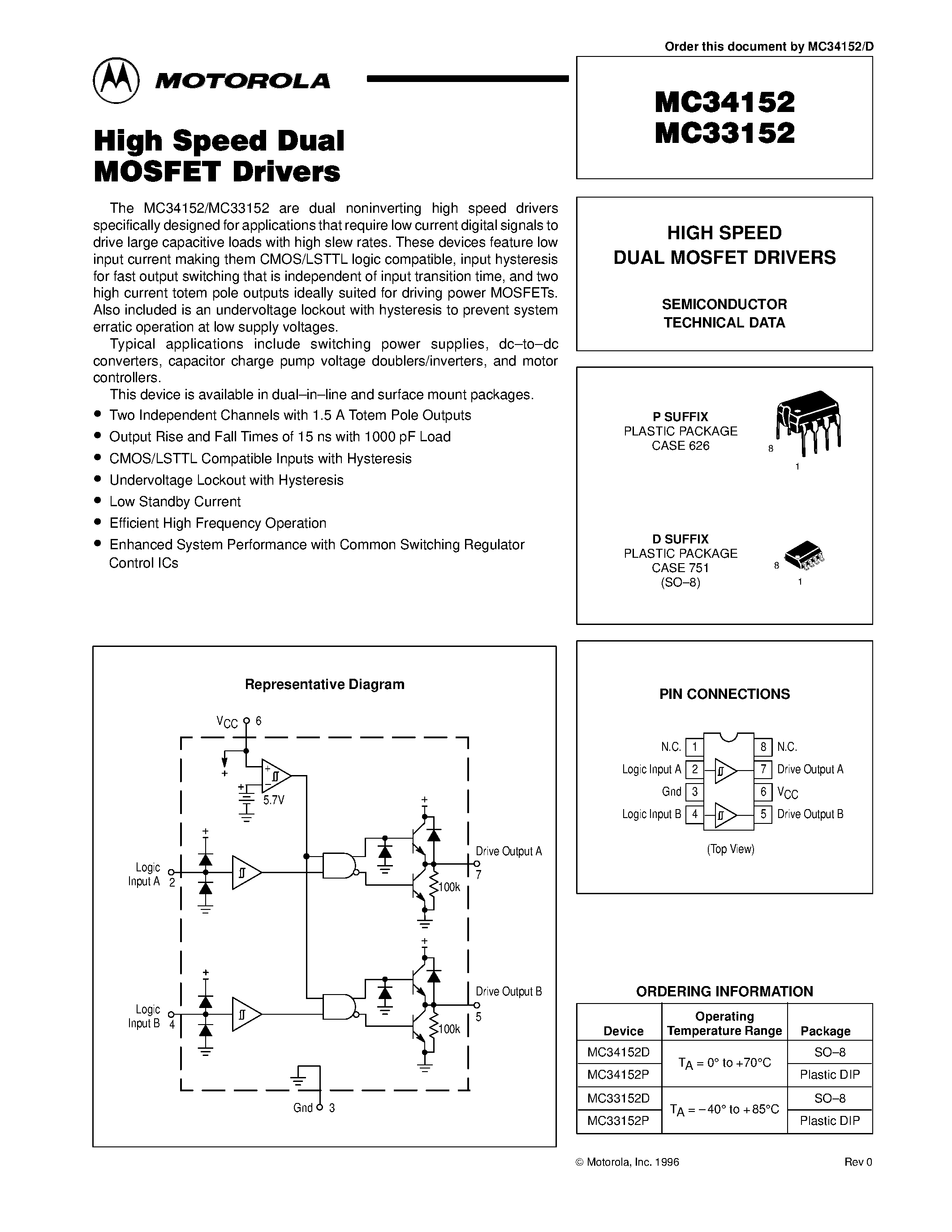 Даташит MC33152 - (MC34152 / MC33152) HIGH SPEED DUAL MOSFET DRIVERS страница 1