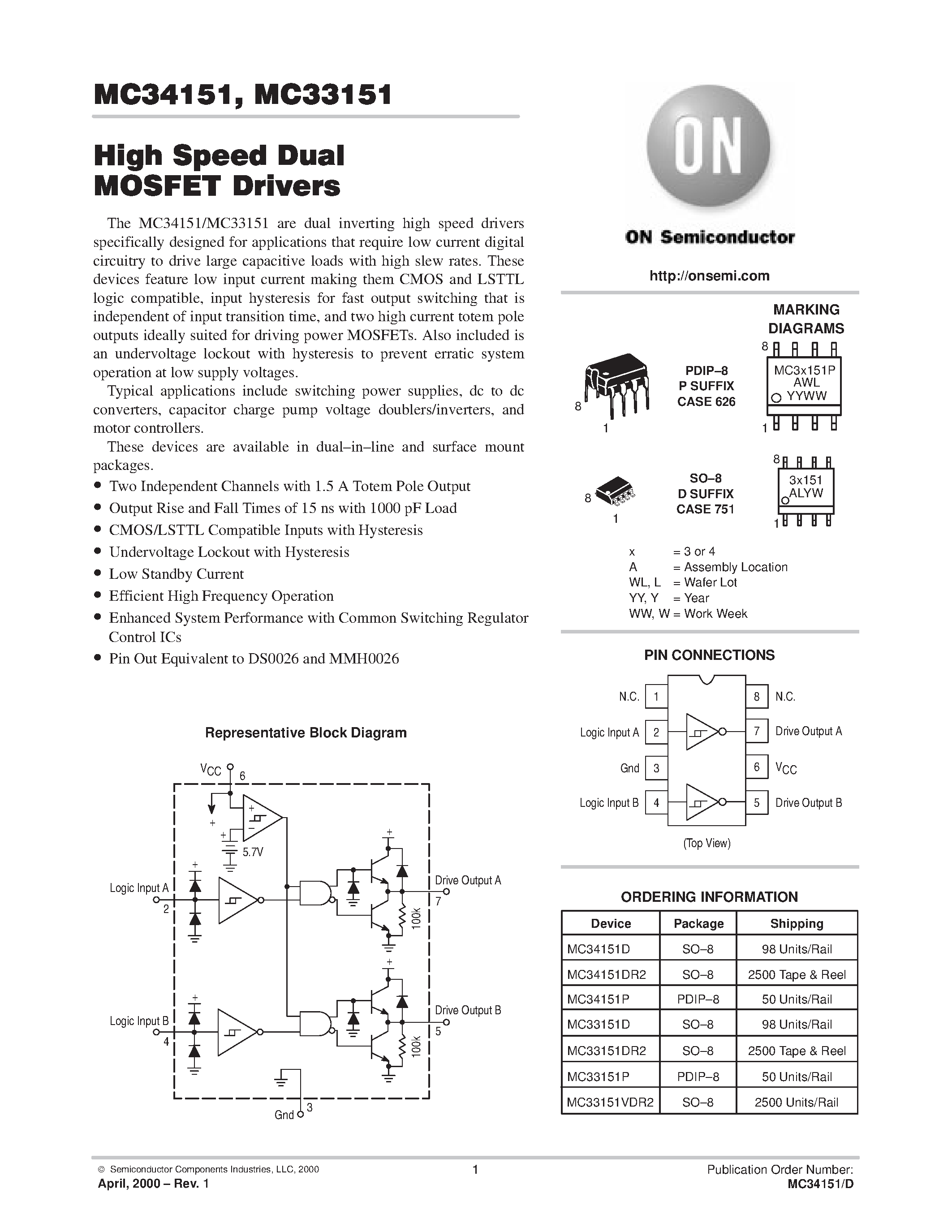 Даташит MC33151 - (MC34151 / MC33151) High Speed Dual MOSFET Drivers страница 1