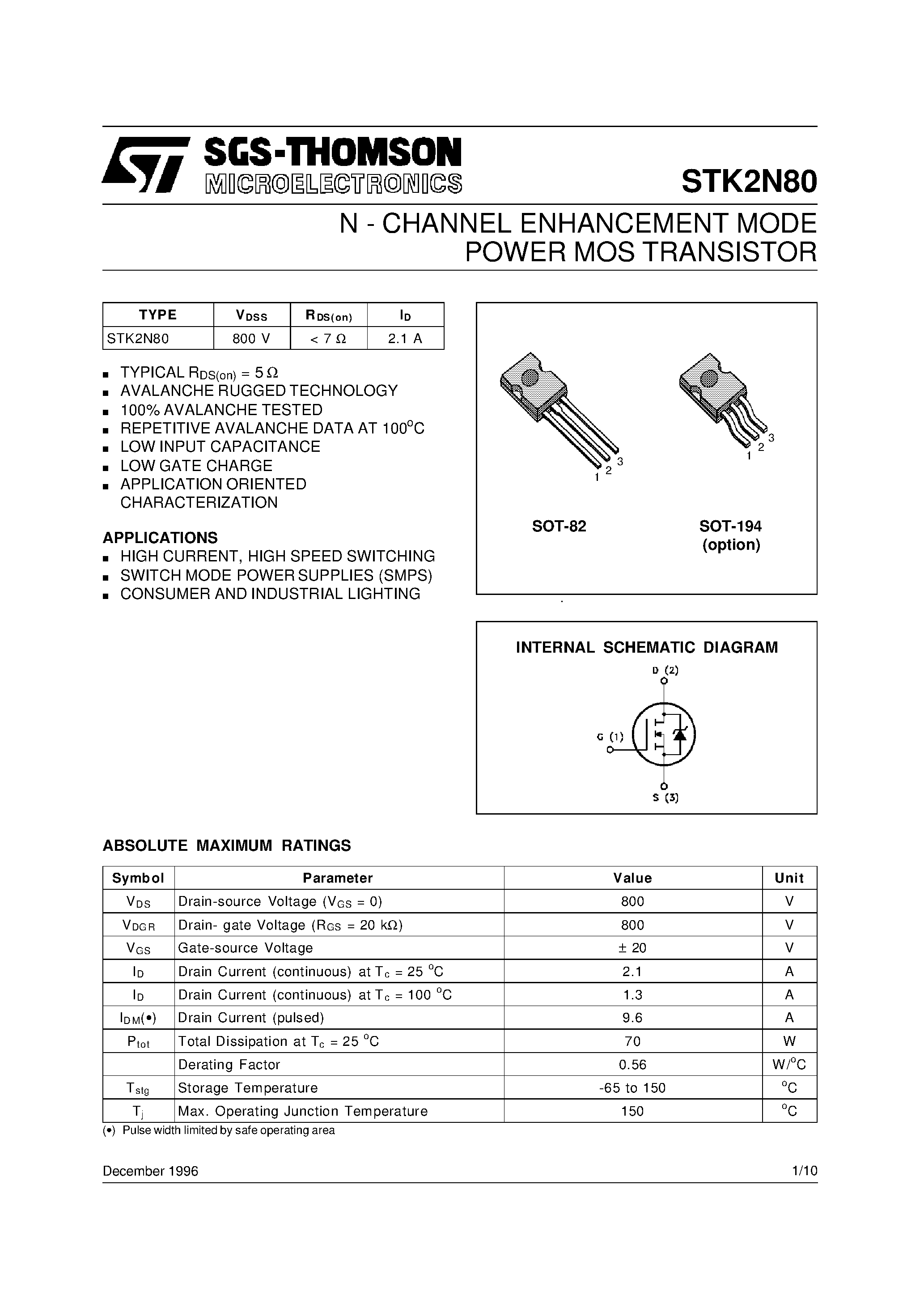 Datasheet STK2N80 - N - CHANNEL ENHANCEMENT MODE POWER MOS TRANSISTOR page 1
